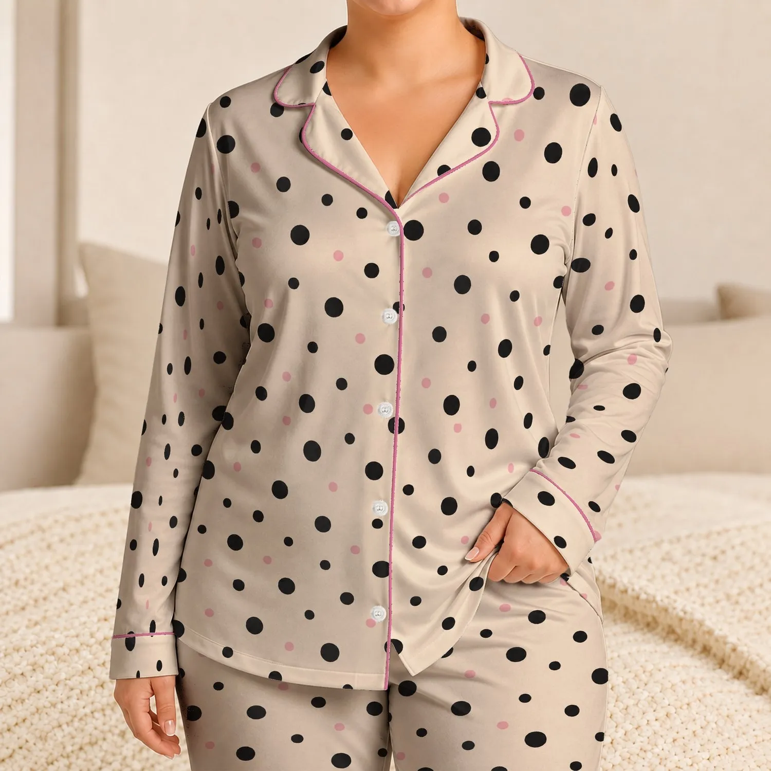 Champagne Polka Dots with Blush Accents for Playful Summer Lounging and Relaxation Satin Pajamas Set - 1