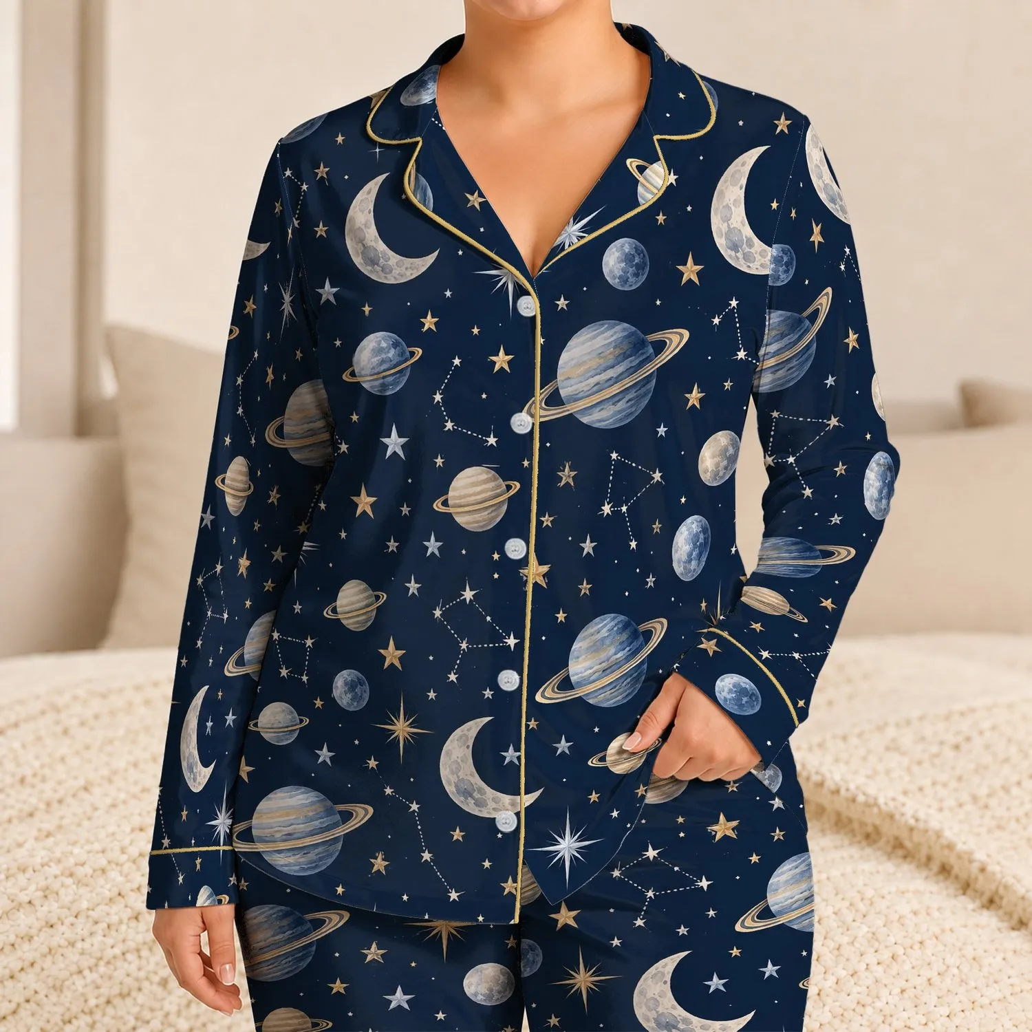 Celestial Moons and Planets for Dreamy Nighttime Lounging and Relaxation Satin Pajamas Set - 1