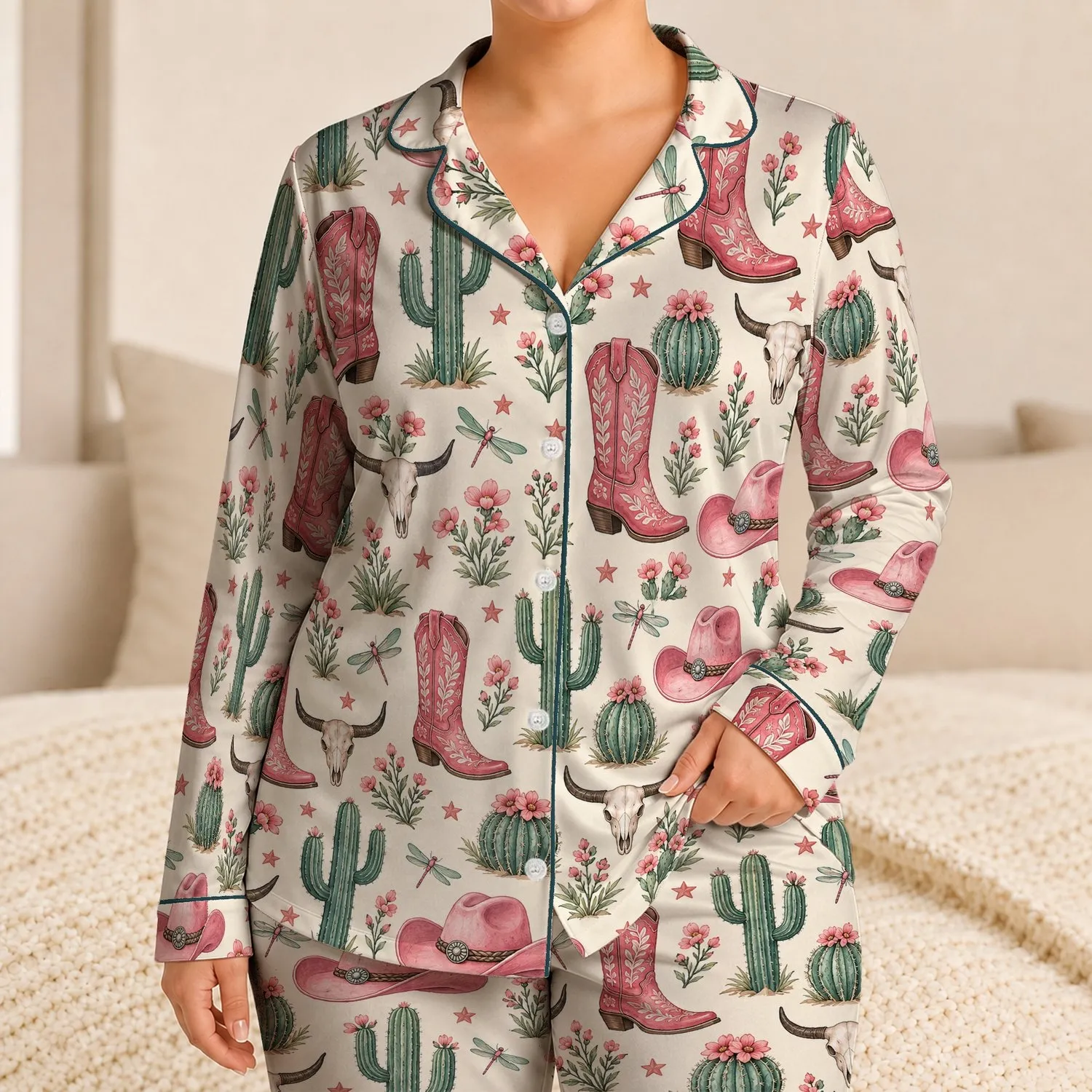 Western Cactus, Cowboy Boots and Hats for Cozy Desert-Inspired Lounging at Home Satin Pajamas Set - 1