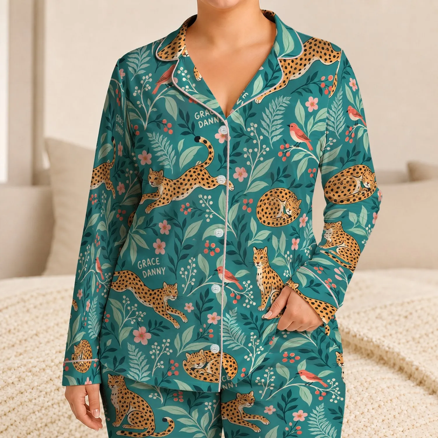 Spotted Wildcats and Garden Blooms for Cheerful Summer Lounging at Home Satin Pajamas Set - 1