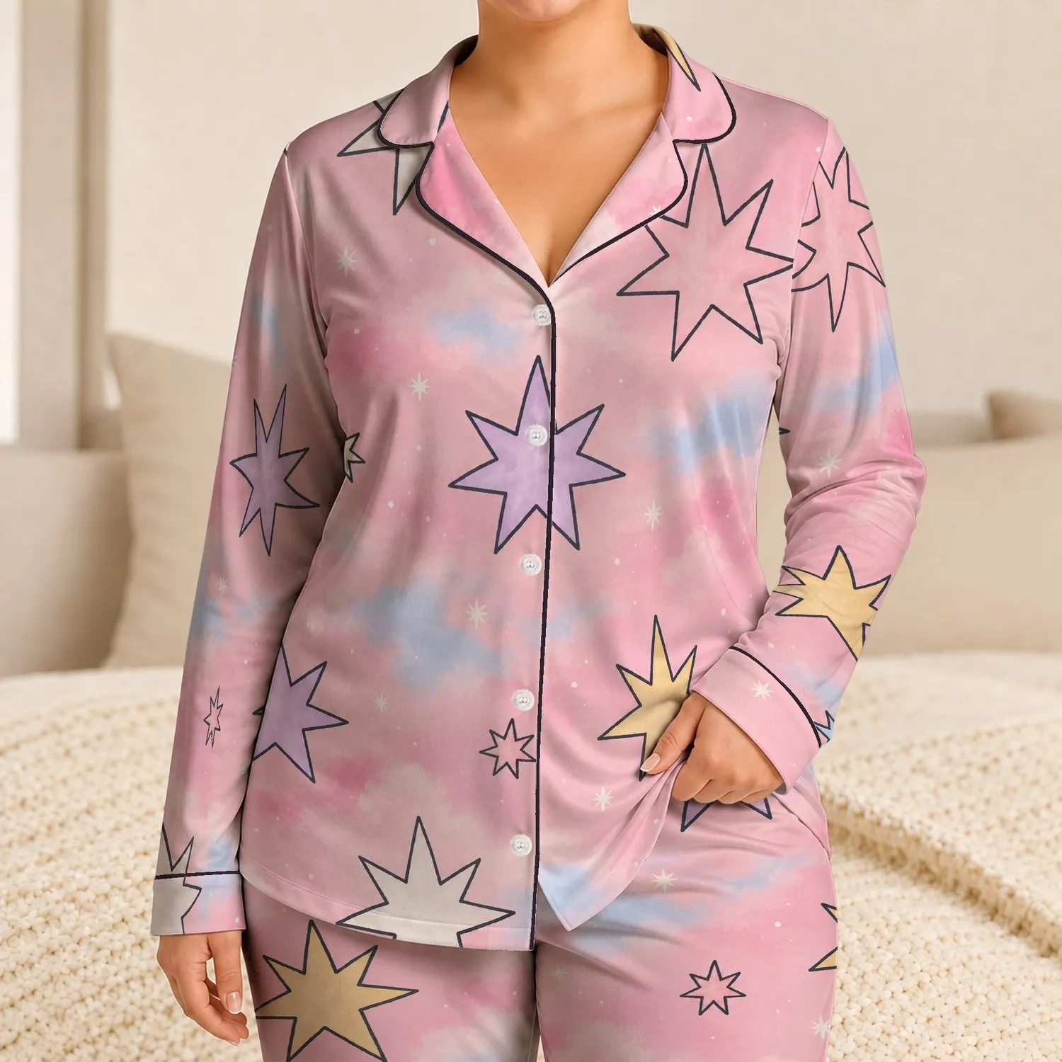 Blush Pink Stars and Soft Clouds for Cozy Evenings and Relaxed Lounging Satin Pajamas Set - 1