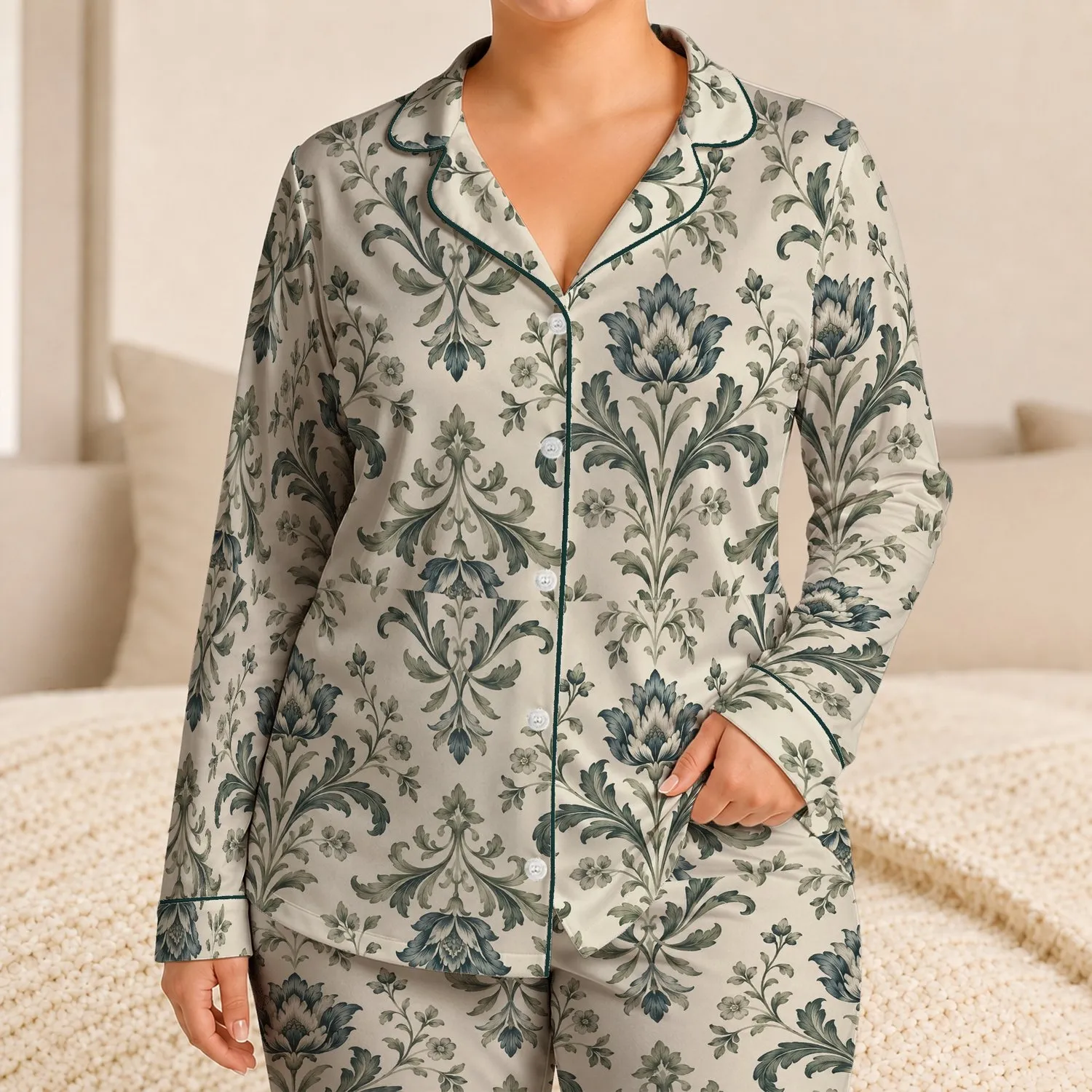 Vintage Teal Damask Botanical Motifs for Relaxed Summer Lounging and Gift Giving at Home Satin Pajamas Set - 1