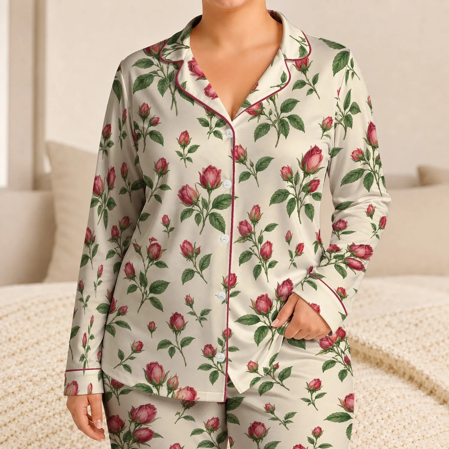 Tiny Rosebud Blooms for Soft Summer Mornings and Cozy Slow Living Gifts for Her Satin Pajamas Set - 1