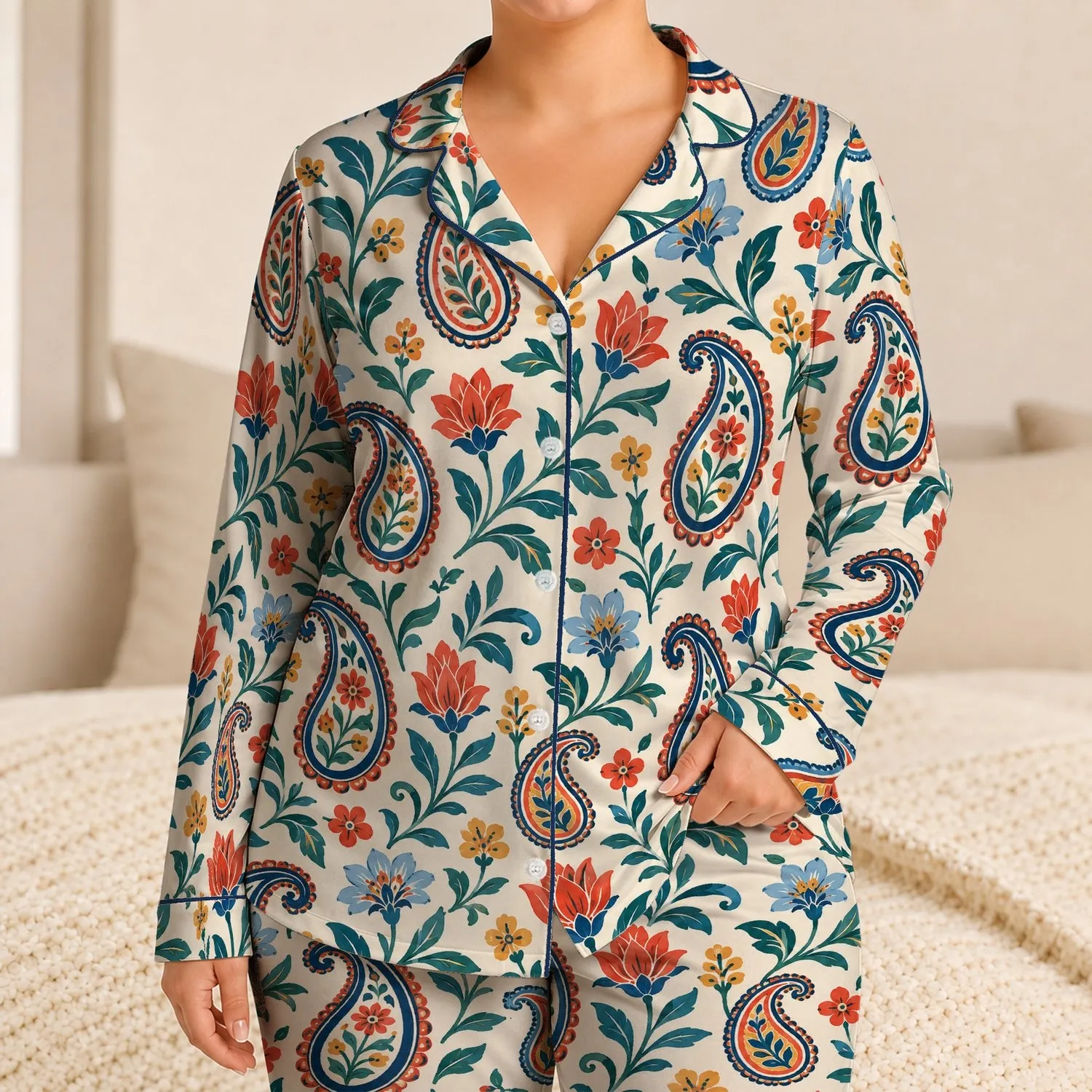 Vintage Paisley and Botanical Motifs for Relaxed Weekend Lounging and Cozy Evenings Satin Pajamas Set - 1