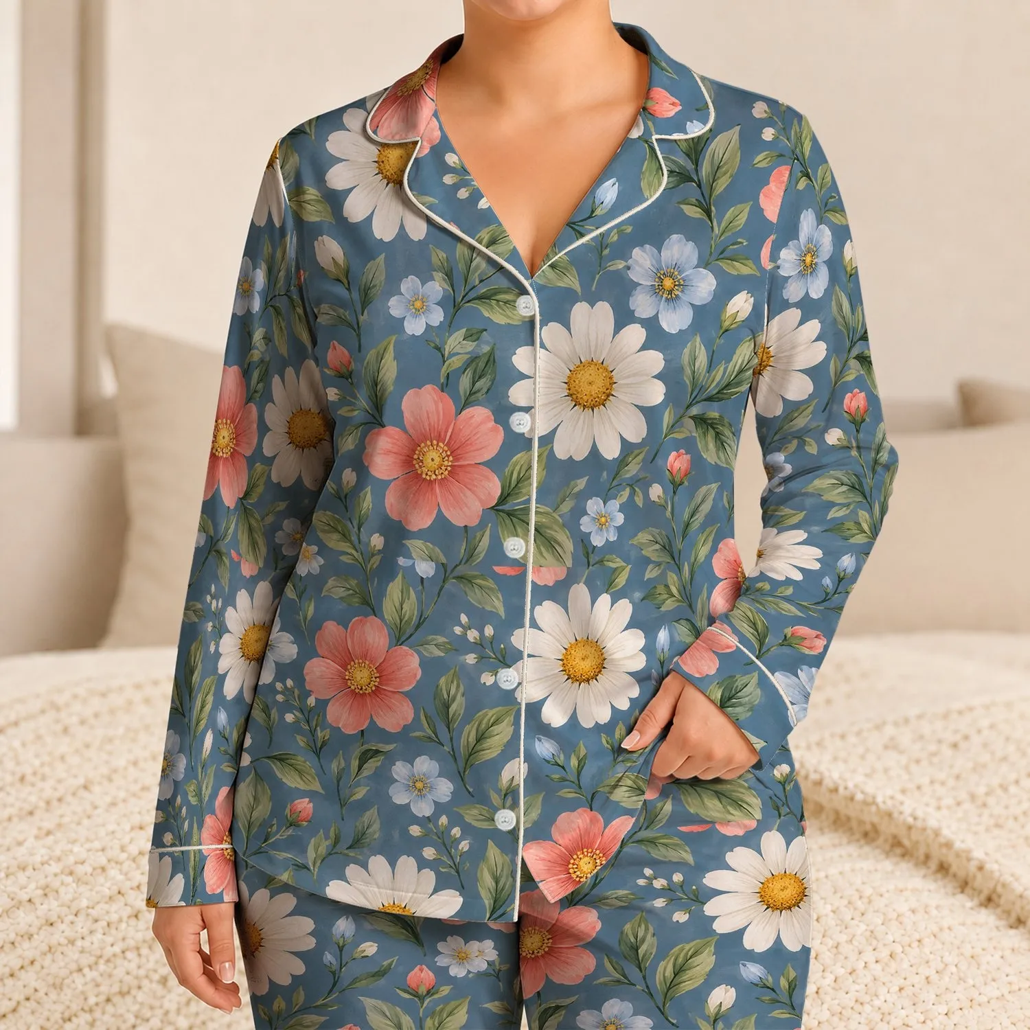 Ivory Daisy And Coral Flower Blooms For Fresh Everyday Relaxation Satin Pajamas Set - 1