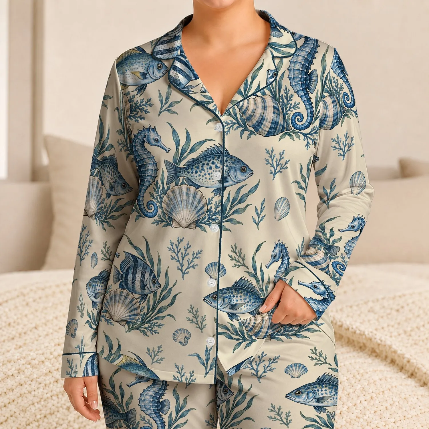 Blue Marine Life and Seashells for Relaxing Coastal Vacation Days by the Sea Satin Pajamas Set - 1