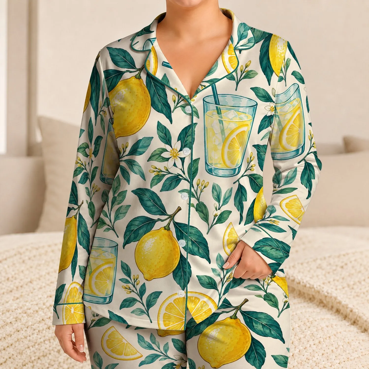 Lemonade Lemons And Teal Leaves For Sunny Coastal Getaways And Summer Days Satin Pajamas Set - 1