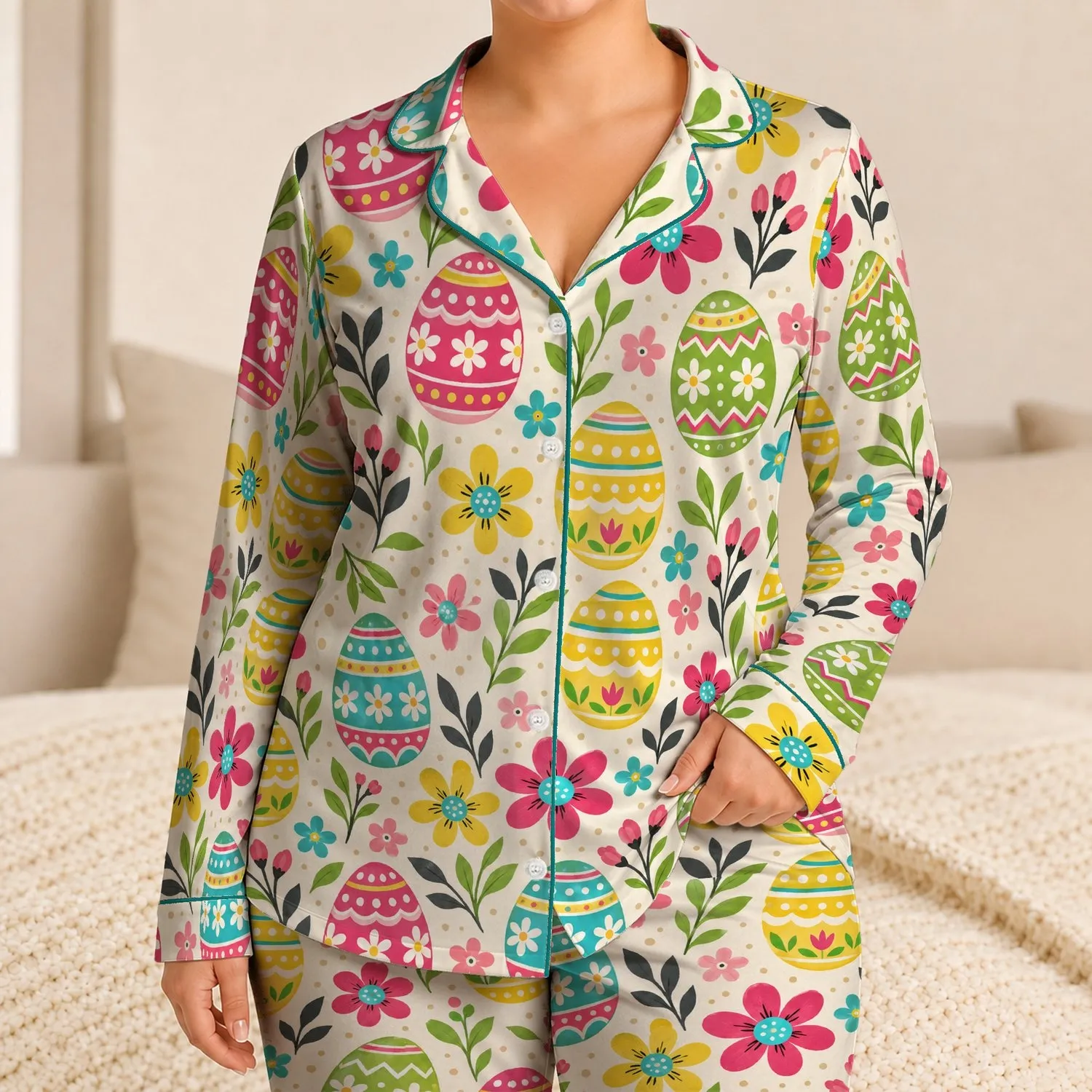 Colorful Easter Eggs and Florals for Springtime Celebrations and Seasonal Style Satin Pajamas Set - 1