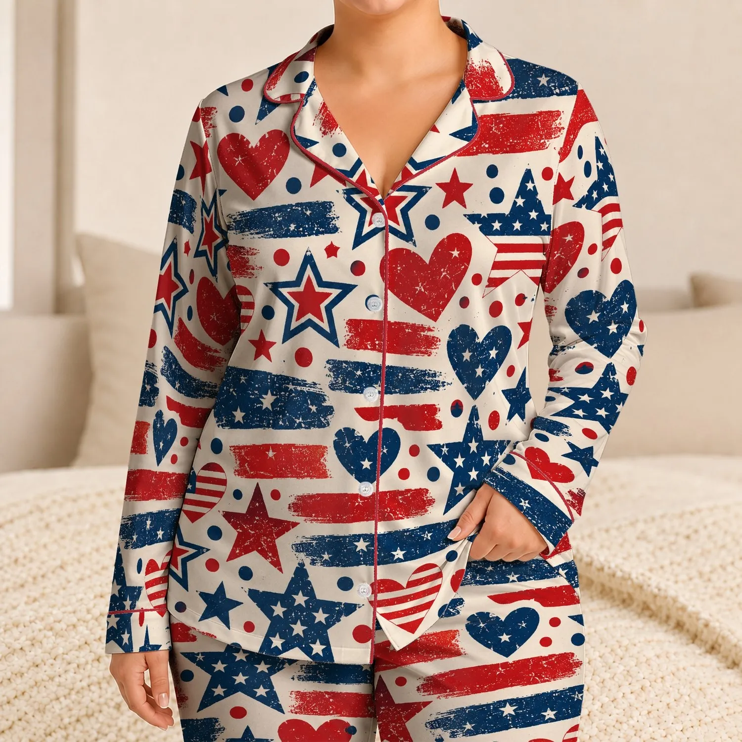 Red White and Blue Stars and Hearts for Festive Summer Lounging and Holiday Gifting Satin Pajamas Set - 1