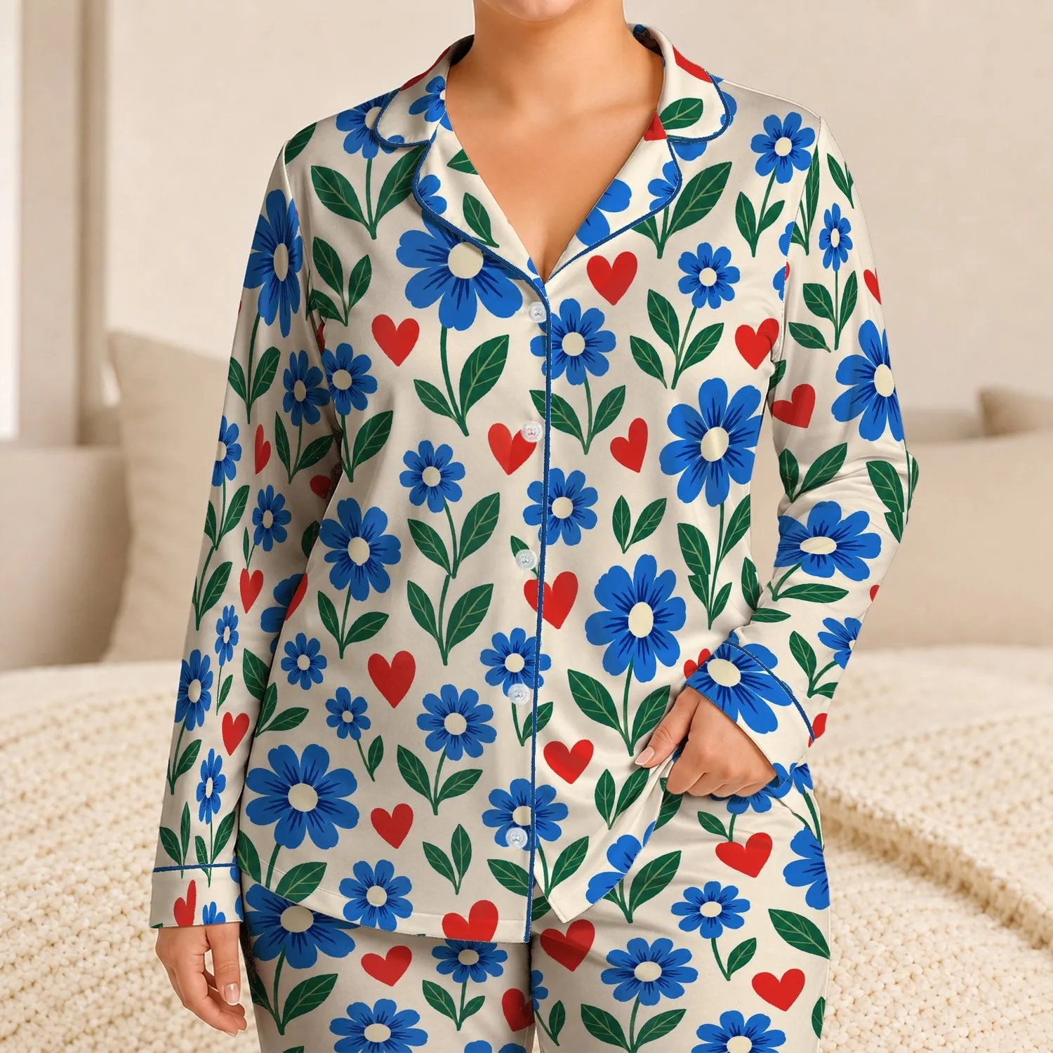 Blue Daisy And Red Heart Blooms For Cozy Romantic Evenings And Relaxed Weekends Satin Pajamas Set - 1