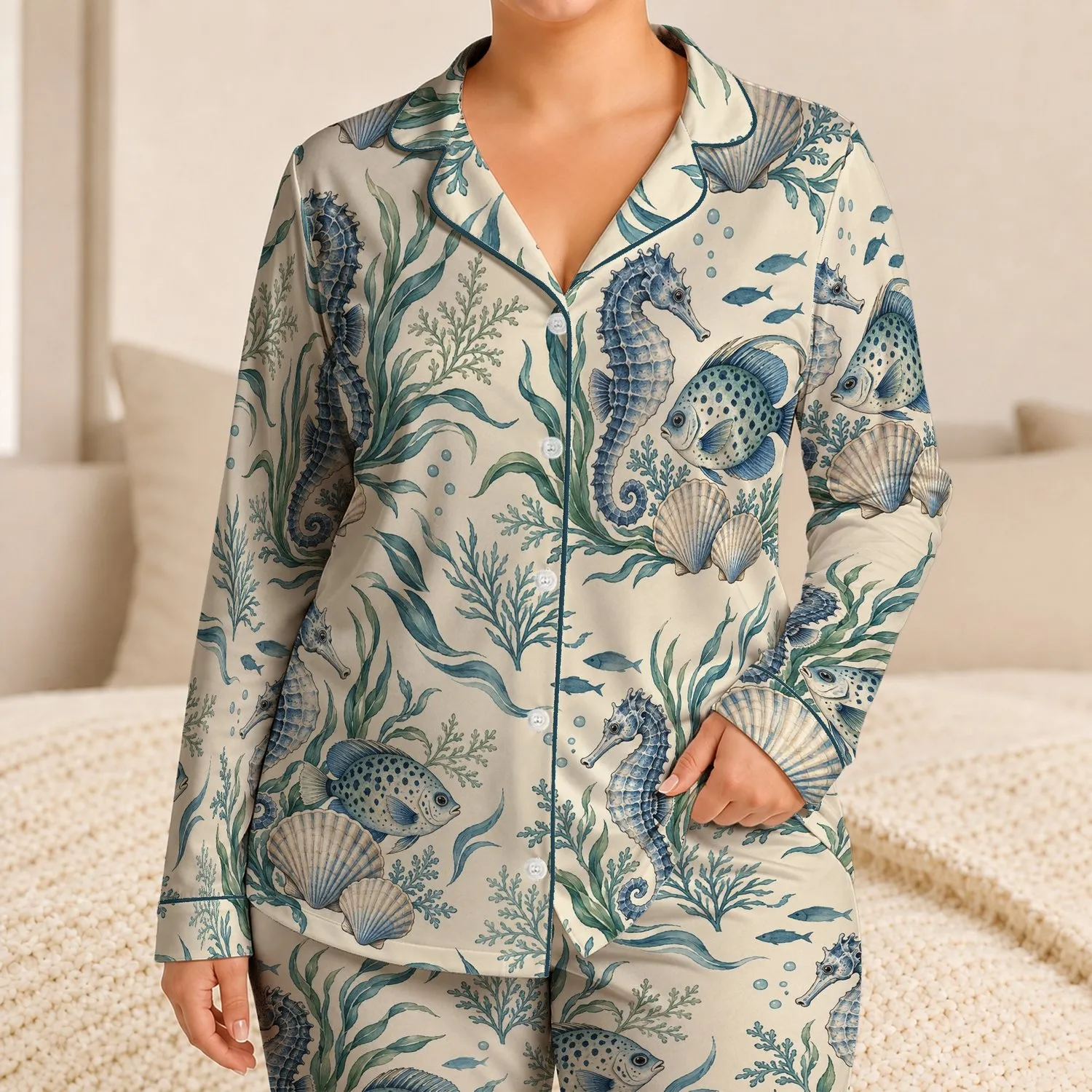 Marine Life and Seashells for Relaxed Summer Getaways and Coastal Living for Women Satin Pajamas Set - 1