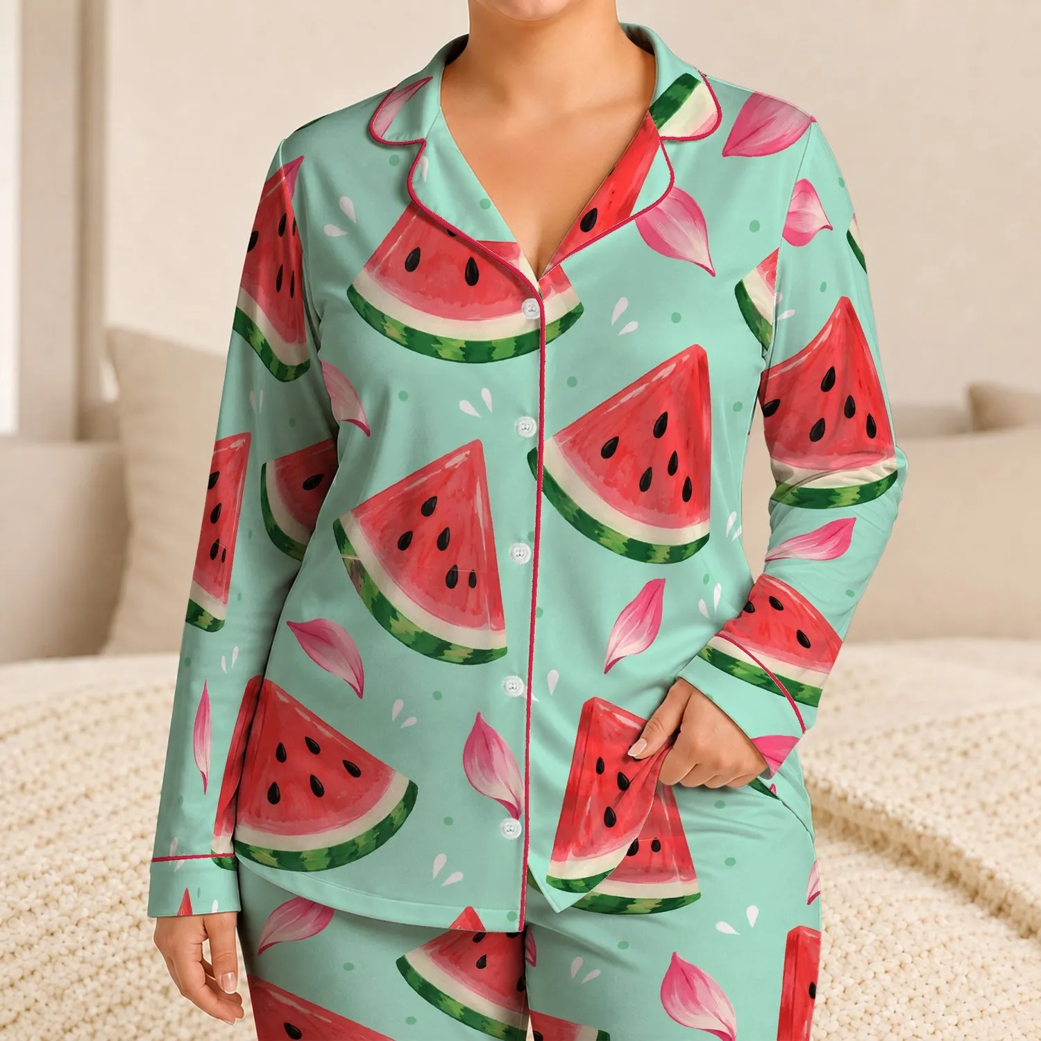 Watermelon Wedges and Pink Petals for Fresh Summer Lounging and Beach Days Satin Pajamas Set - 1