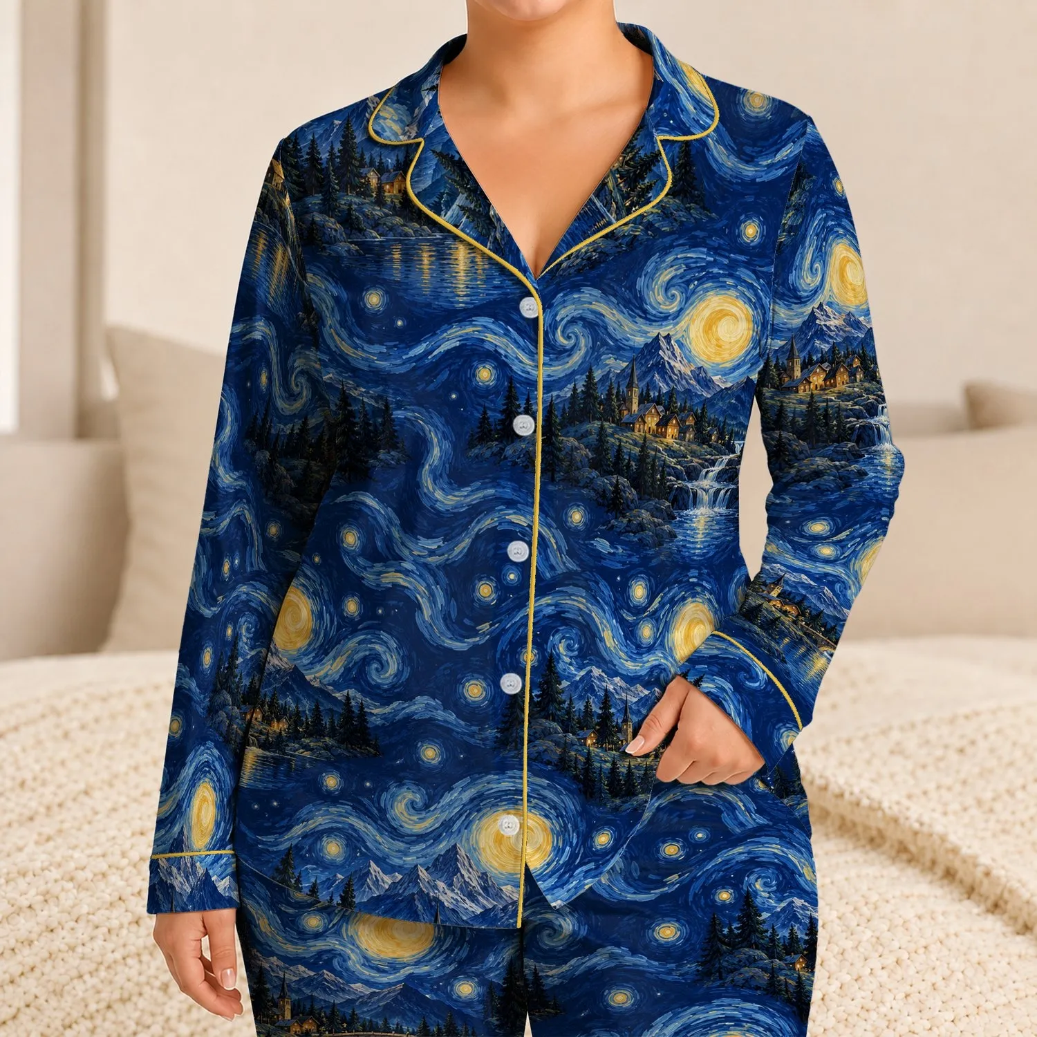 Swirling Midnight Sky Mountain Village for Cozy Stargazing Nights and Nature Lovers Satin Pajamas Set - 1