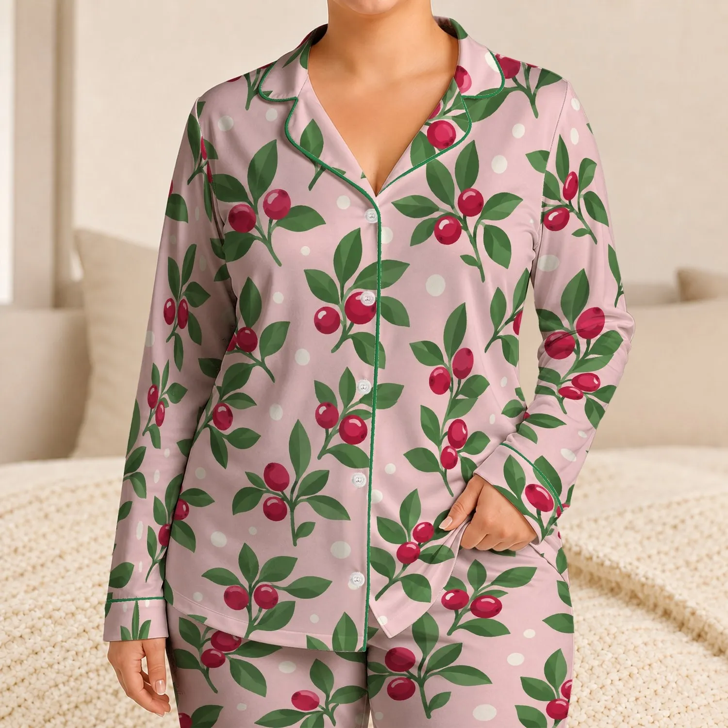 Cranberry Berry And Green Leaf Motif For Sweet Everyday Lounge Style Satin Pajamas Set - 1
