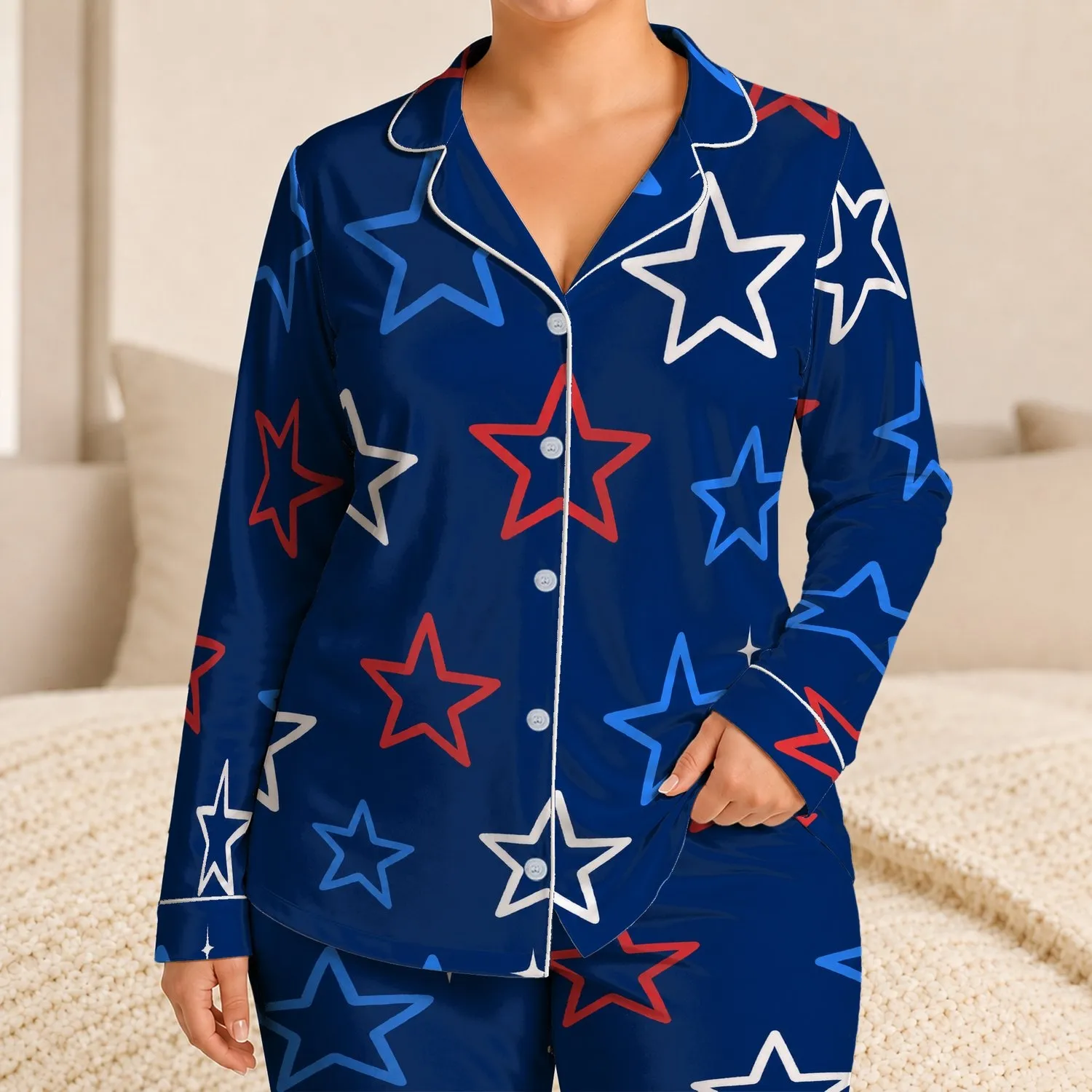 Red White And Blue Star Motif For Relaxed Evenings And Festive Weekends Satin Pajamas Set - 1