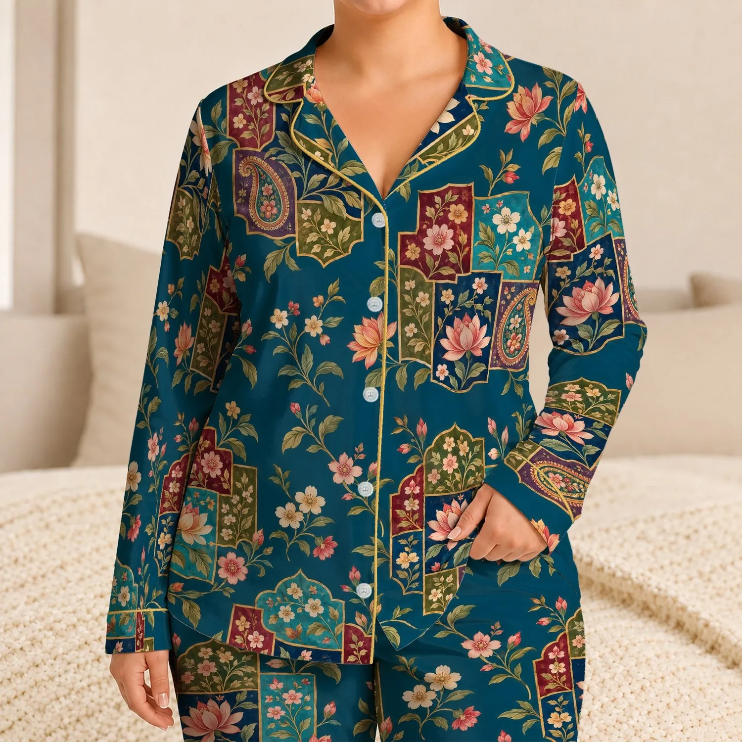 Traditional Floral Patchwork for Colorful Relaxed Evenings and Cozy Lounging Satin Pajamas Set - 1