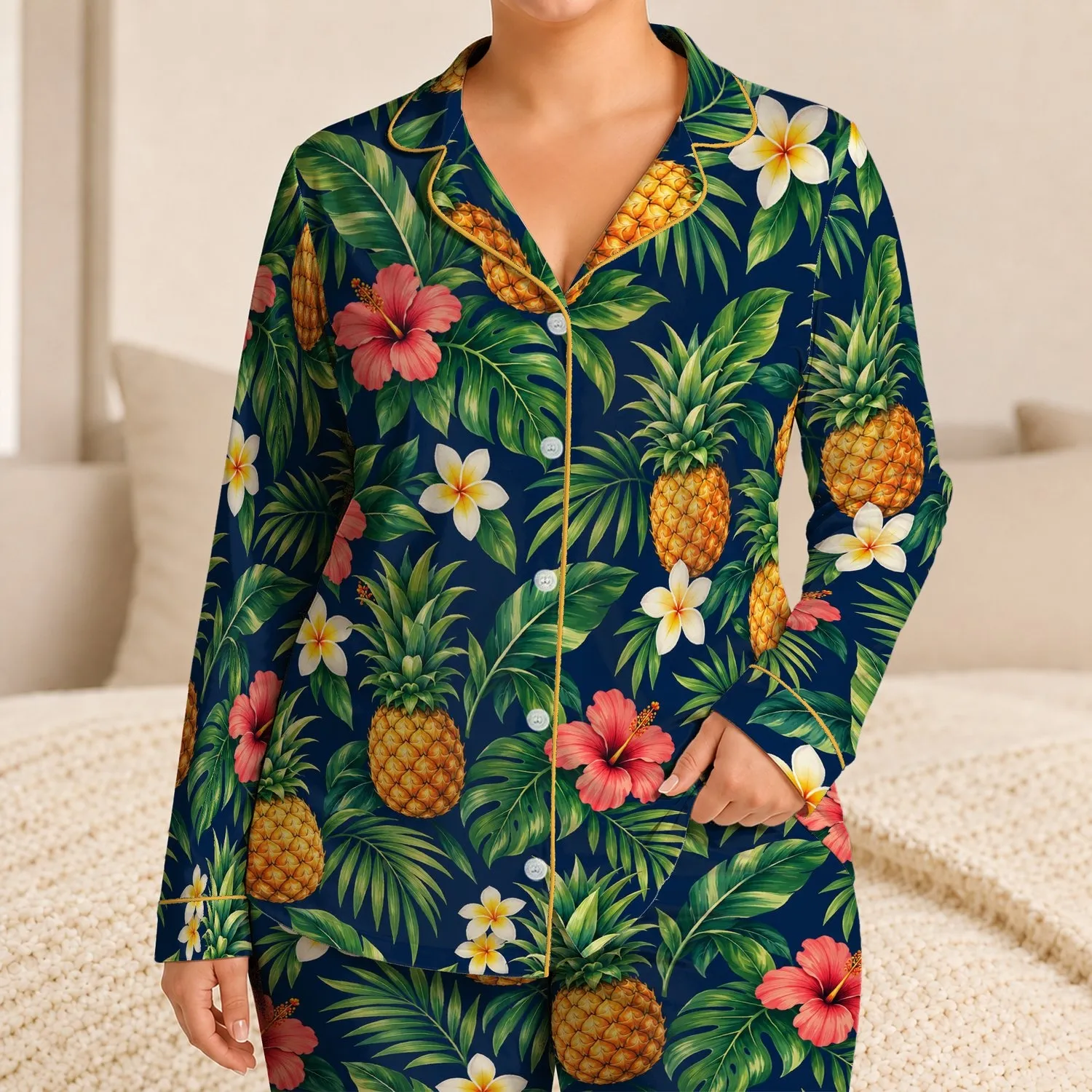 Pineapple Hibiscus Tropical Leaves for Sunny Beach Escapes and Island Getaways All Year Satin Pajamas Set - 1
