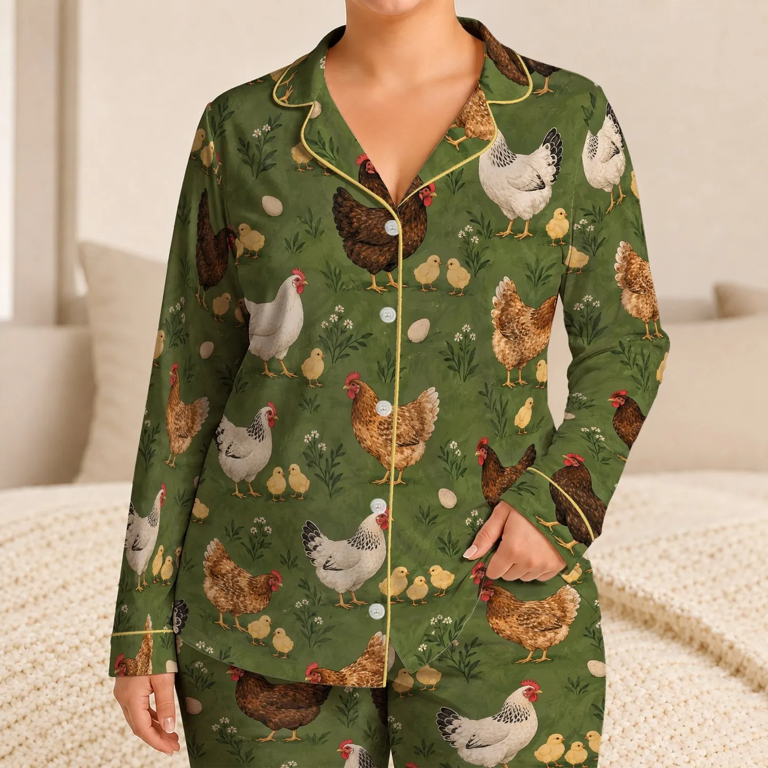 Rustic Chicken Flock and Golden Chicks for Cozy Farmhouse Lounging and Springtime Gifts Satin Pajamas Set - 1