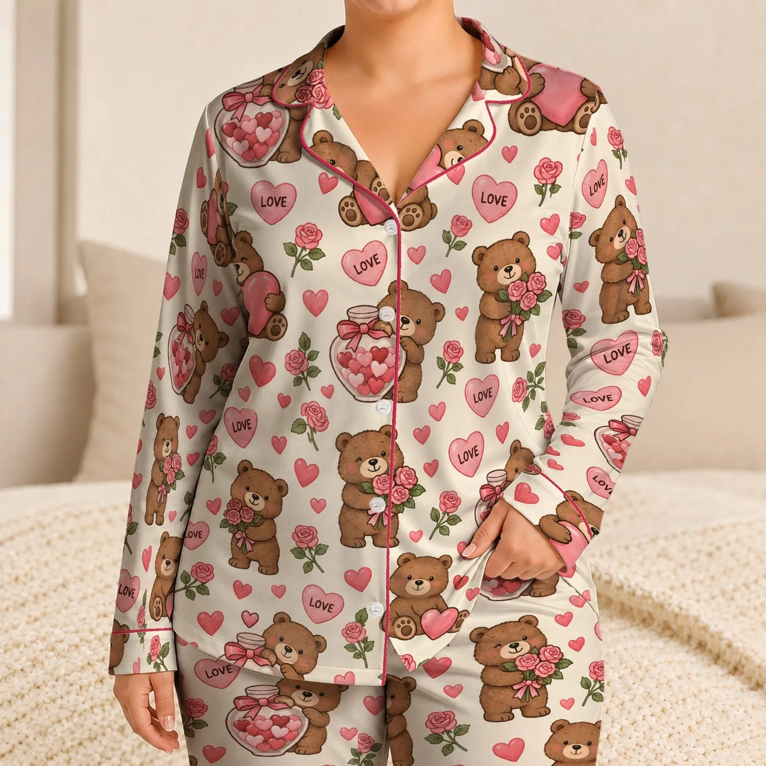 Cute Brown Bears With Pink Hearts for Cozy Everyday Lounging and Sweet Gift Giving Satin Pajamas Set - 1