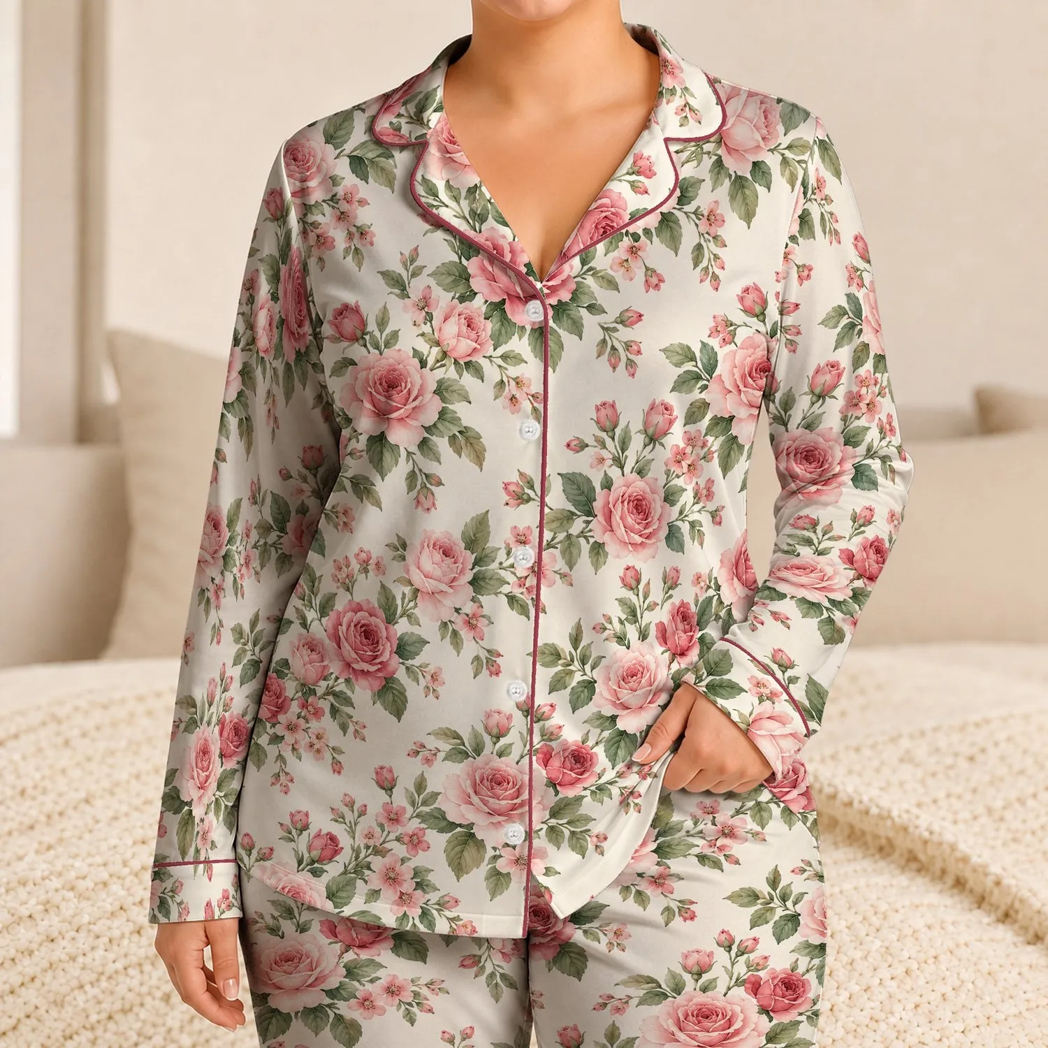 Watercolor Rose And Sage Floral Blooms For Relaxed Cozy Evenings At Home Satin Pajamas Set - 1