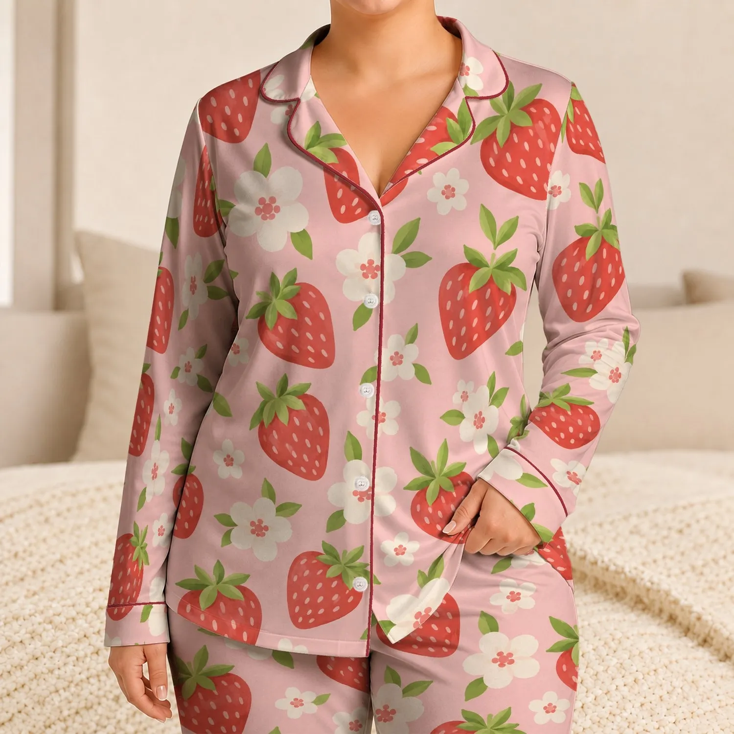 Strawberry And Ivory Flower Motif For Cheerful Everyday Lounging And Cozy Nights Satin Pajamas Set - 1