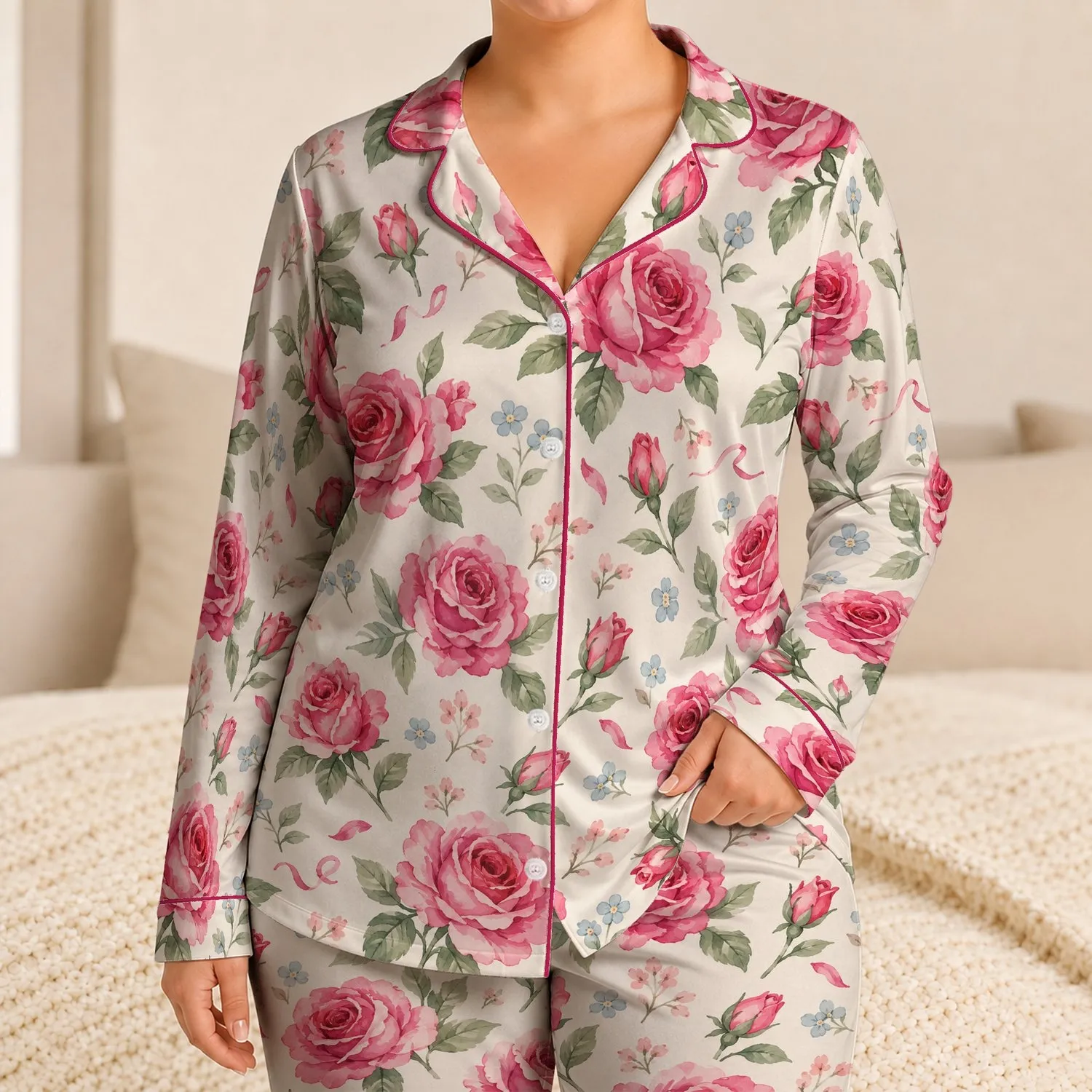 Fuchsia Watercolor Roses for Cozy Romantic Evenings and Thoughtful Gifts Satin Pajamas Set - 1