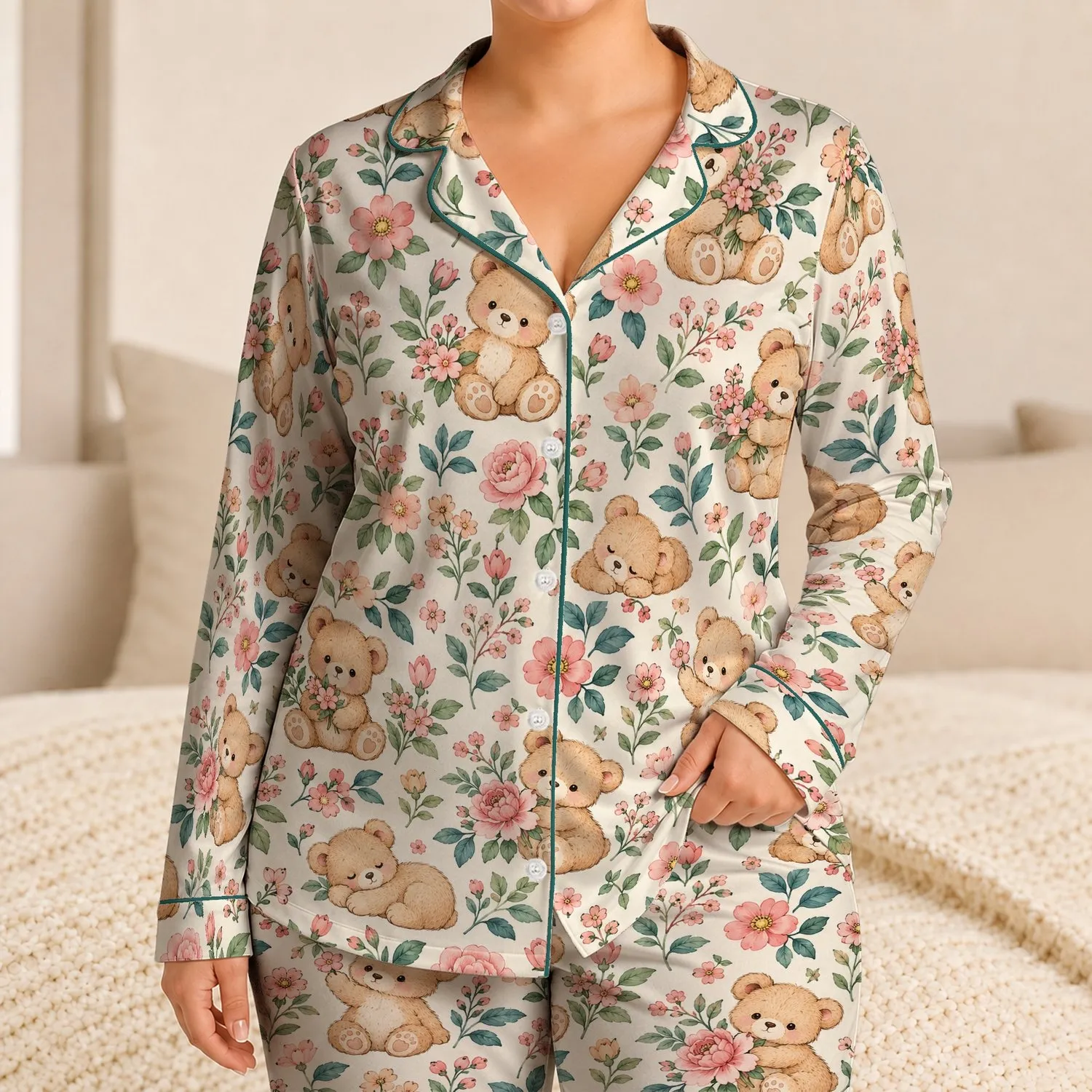 Kawaii Spring Bear And Blossom Motifs For Cozy Cottagecore Nights And Relaxed Weekends Satin Pajamas Set - 1