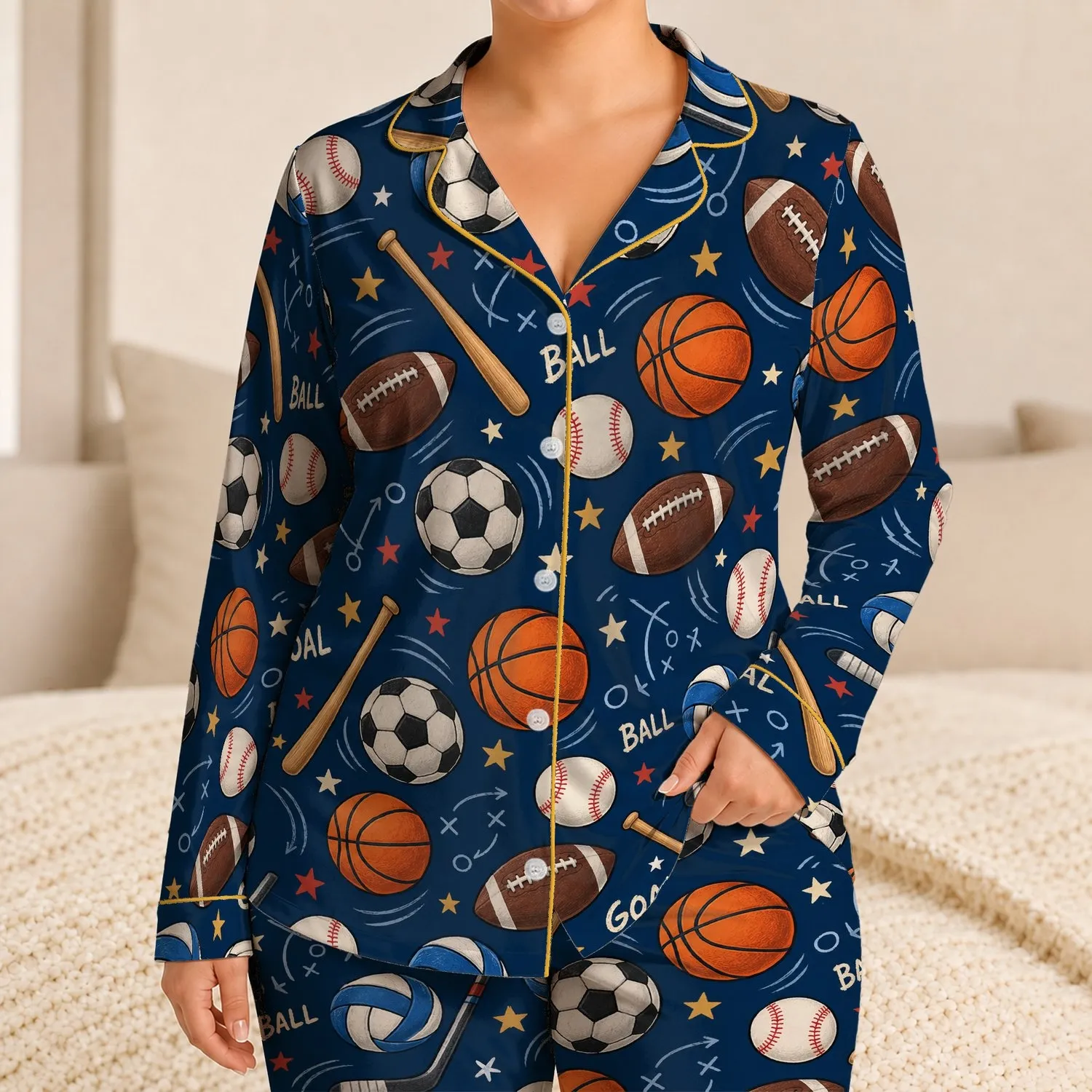 Colorful Sports Balls and Playful Goals for Cozy Game Night Fans of All Ages Satin Pajamas Set - 1