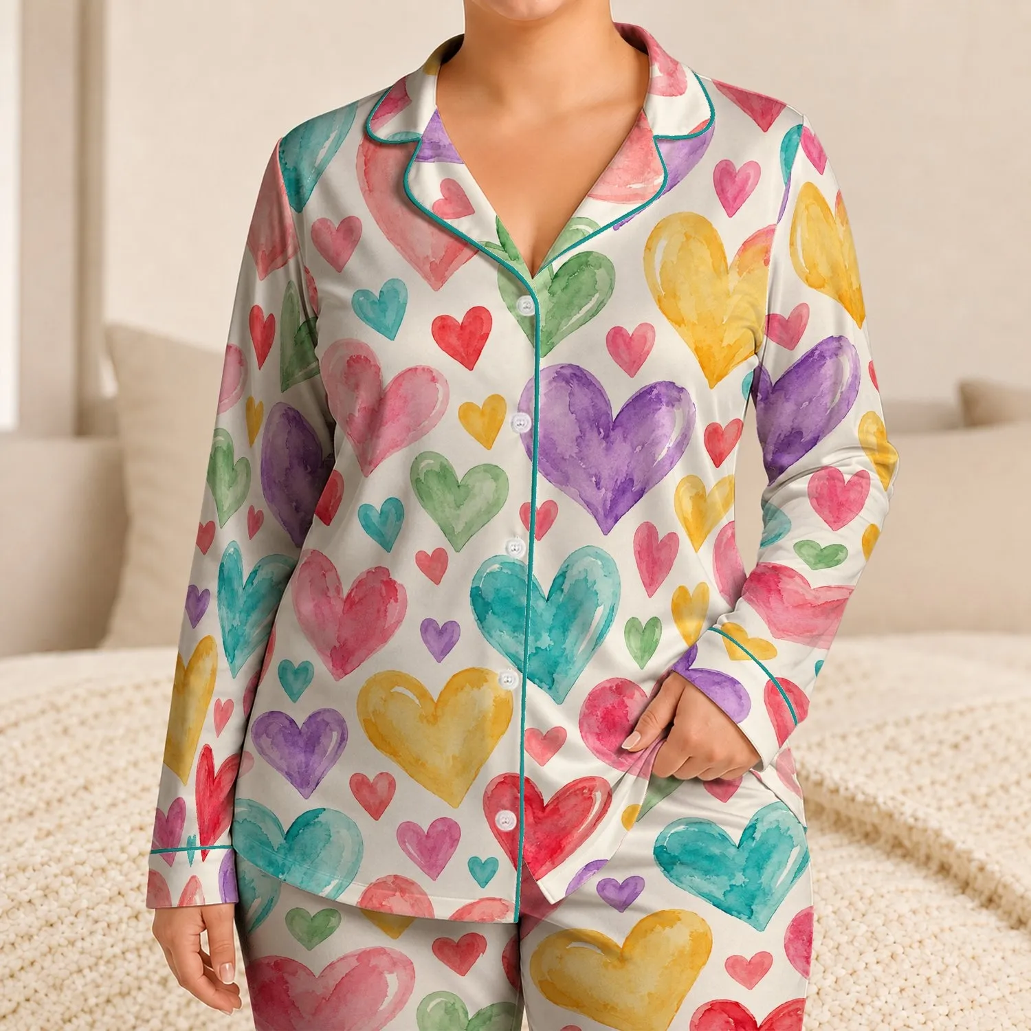 Watercolor Rainbow Hearts for Cozy Valentine Mornings and Sweethearted Gift Giving Satin Pajamas Set - 1