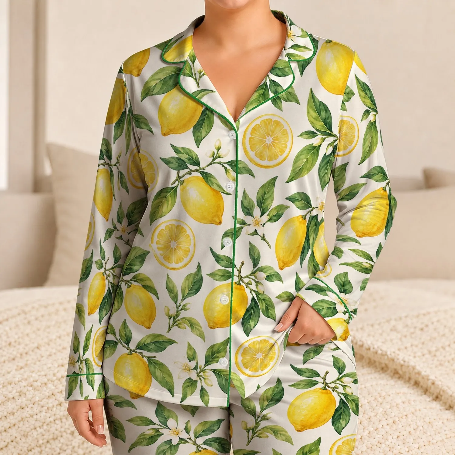 Fresh Lemon and Green Leaf Motifs for Relaxed Summer Lounging at Home for Women Satin Pajamas Set - 1