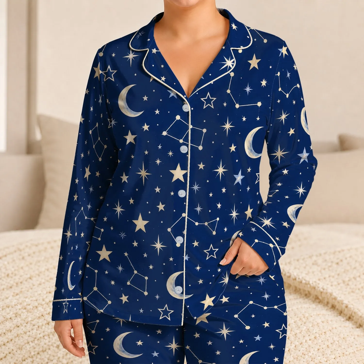 Cobalt Moon And Constellation Motifs For Cozy Stargazing Nights At Home Satin Pajamas Set - 1