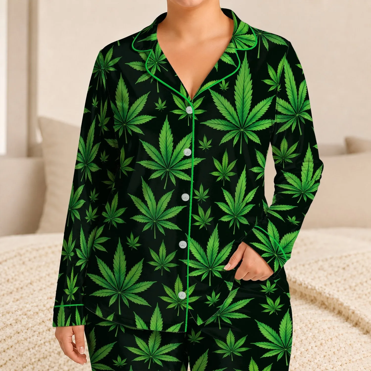 Emerald Botanical Leaves for Relaxed Lounge Evenings and Cozy Everyday Comfort at Home Satin Pajamas Set - 1