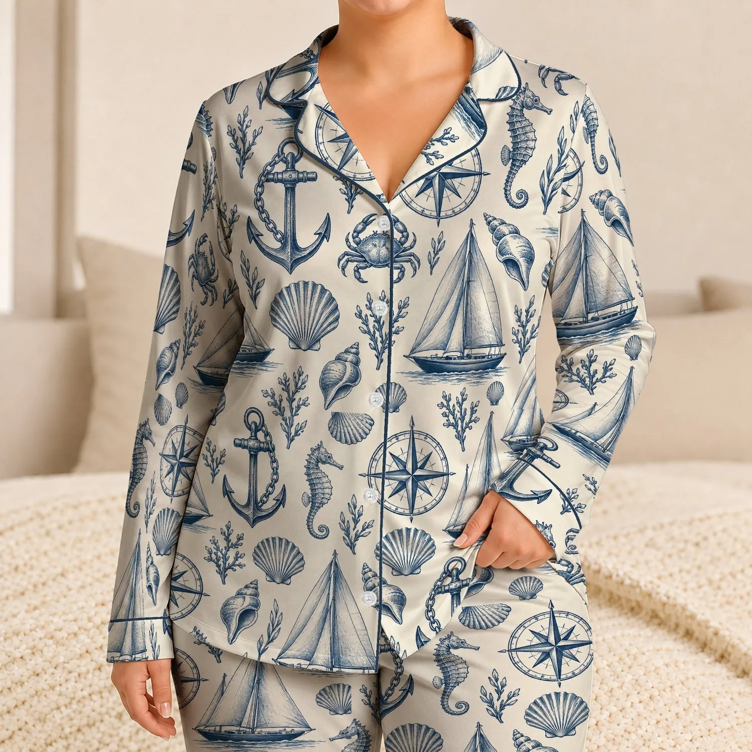 Vintage Nautical Icons for Coastal Getaways and Relaxed Seaside Living for Her Satin Pajamas Set - 1