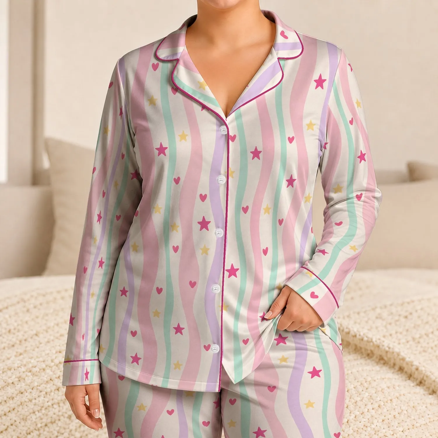 Pastel Wavy Stripes With Hearts And Stars For Cozy Weekend Lounging Satin Pajamas Set - 1