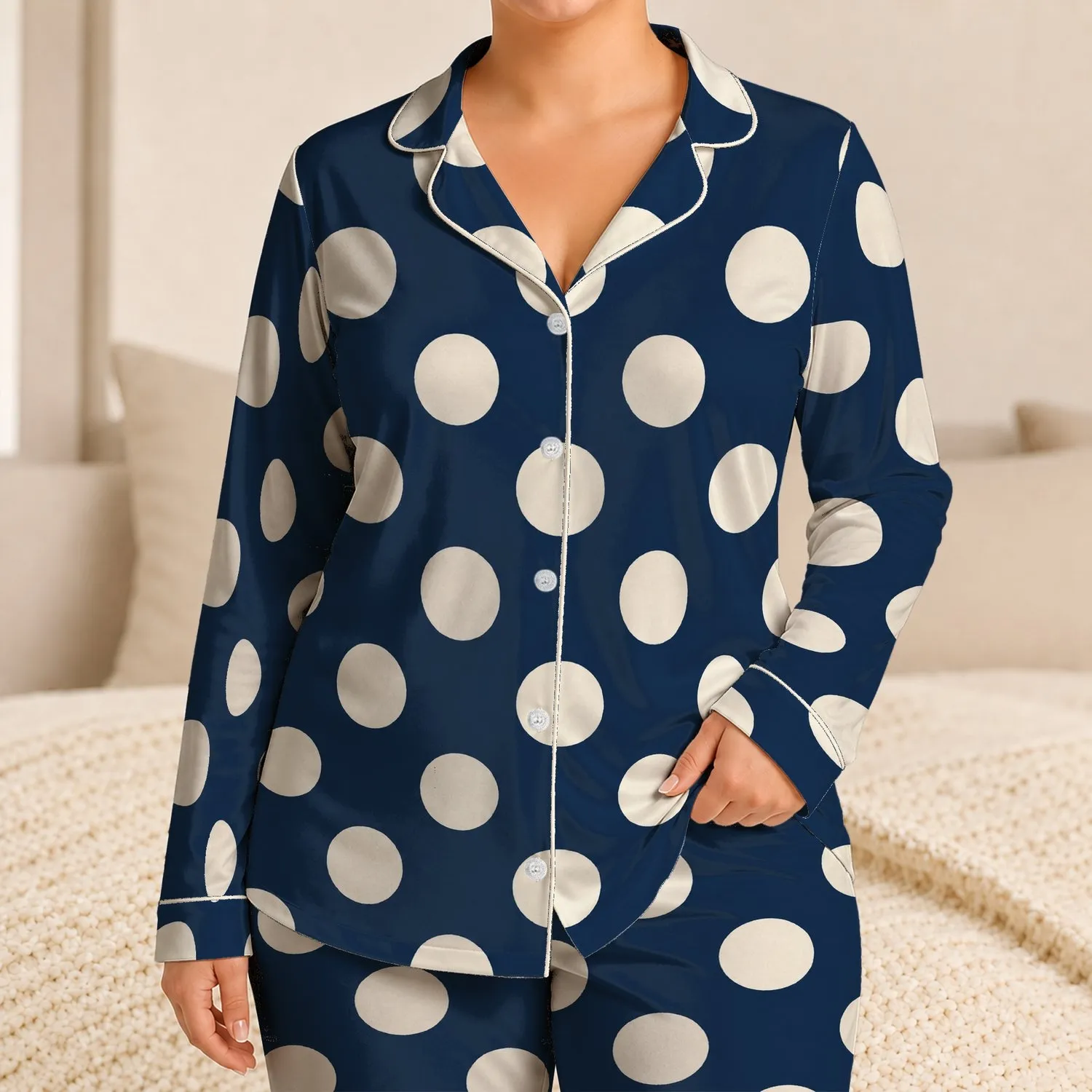 Navy And Ivory Polka Dots For Relaxed French-Inspired Lounging At Home For Women Satin Pajamas Set - N-YO3FVFSD