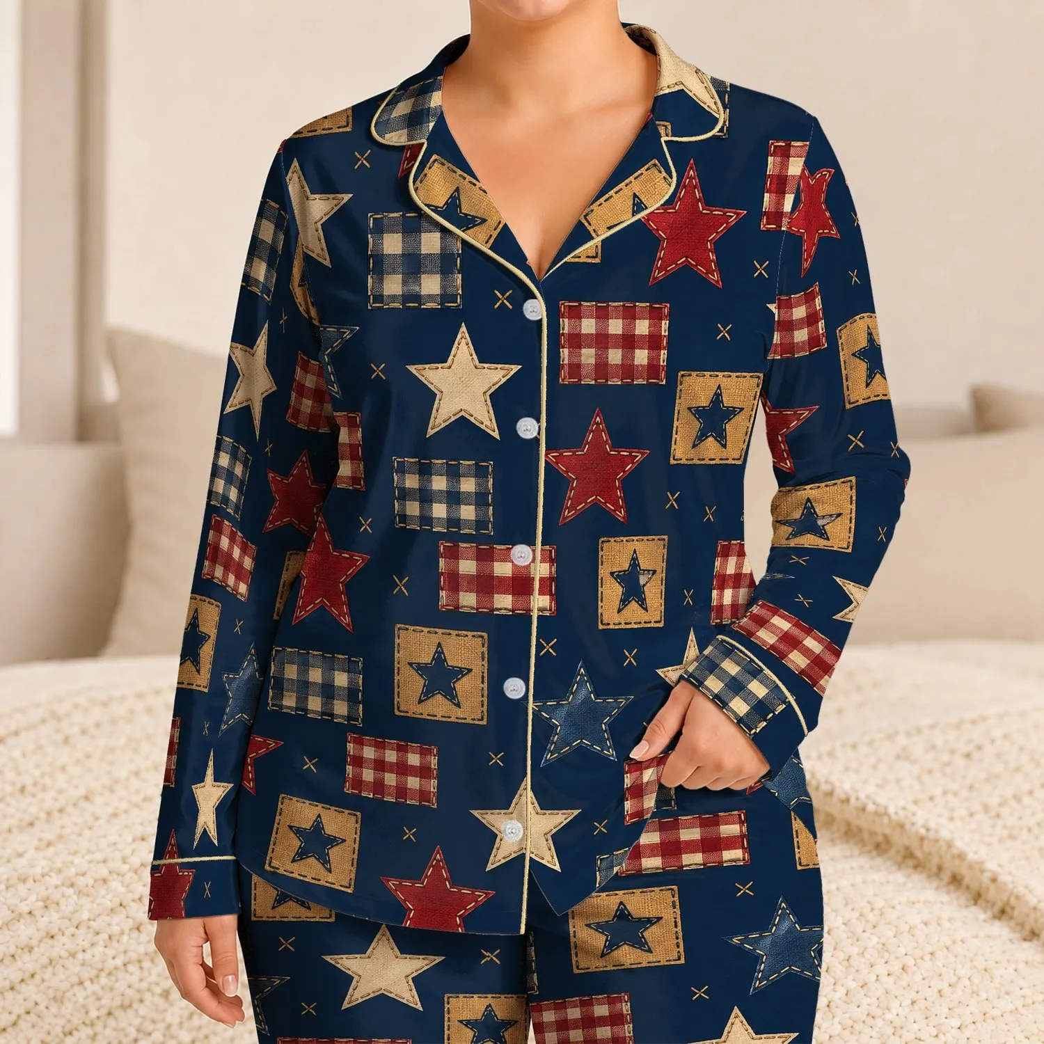 Americana Stars And Plaid For Cozy Country Lounging And Relaxed Home Evenings Satin Pajamas Set - 1