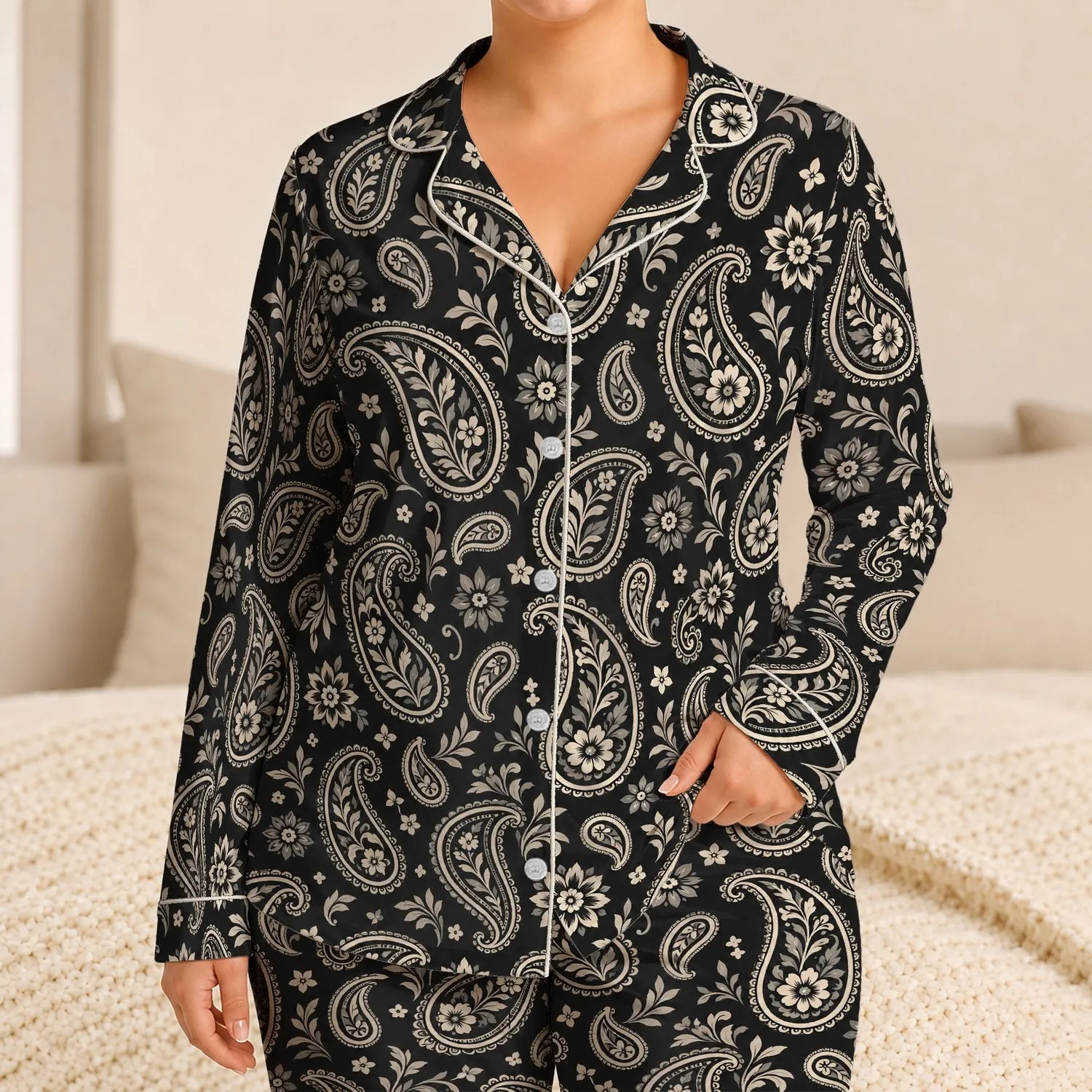 Black And Ivory Paisley Bandana Motifs for Cozy Weekend Lounging and Relaxed Evenings Satin Pajamas Set - 1