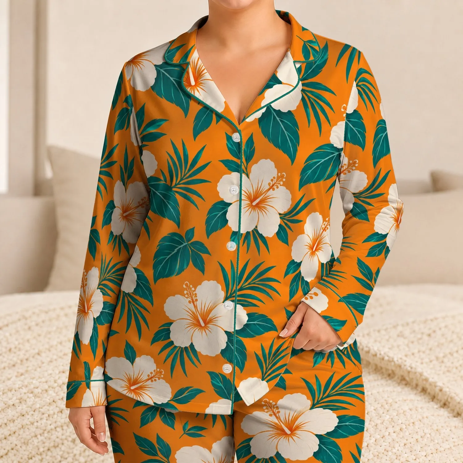White Hibiscus And Teal Palm Leaves For Tropical Getaways And Relaxed Lounging Satin Pajamas Set - 1