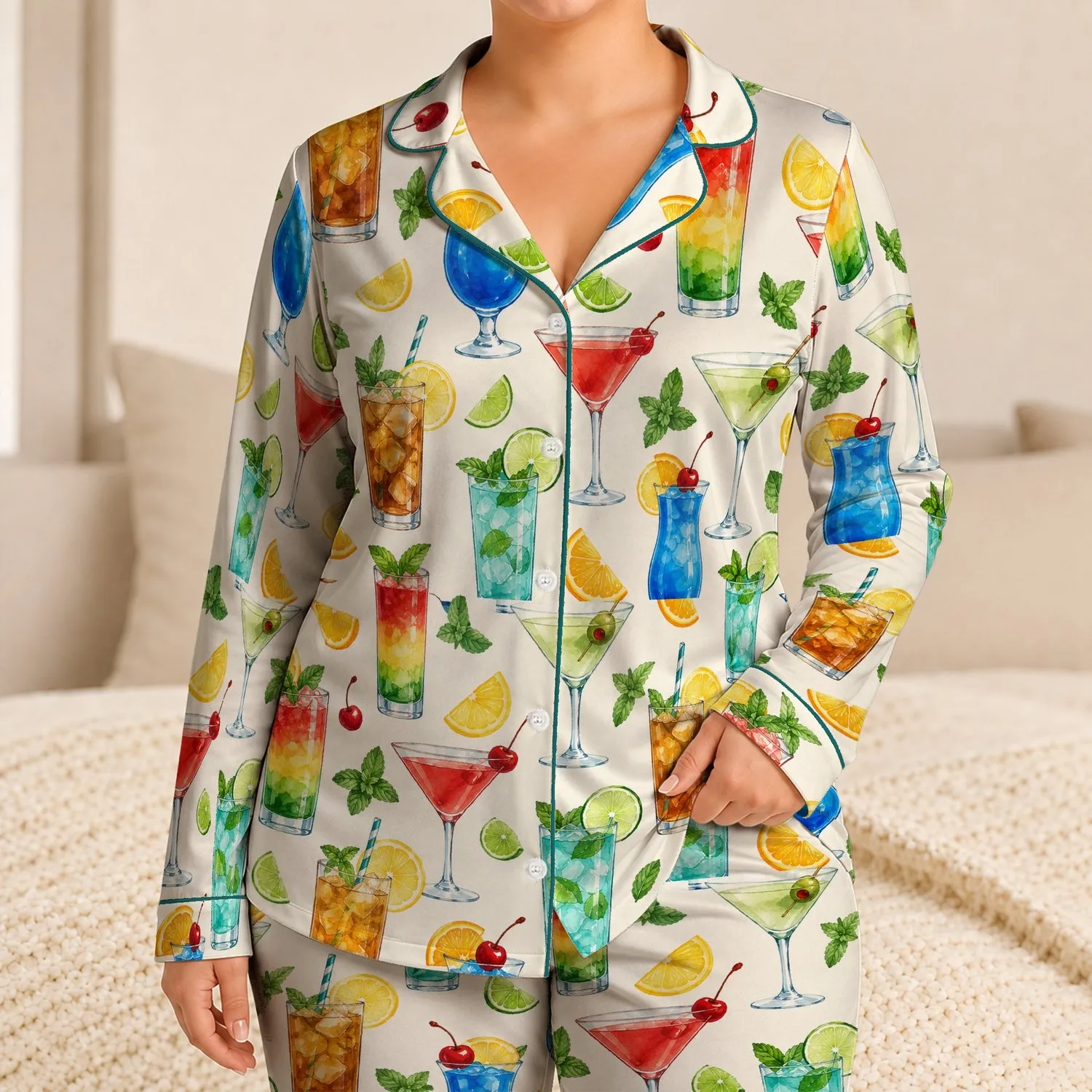 Watercolor Fruit Cocktails for Colorful Summer Gatherings and Relaxed Evenings at Home Satin Pajamas Set - 1