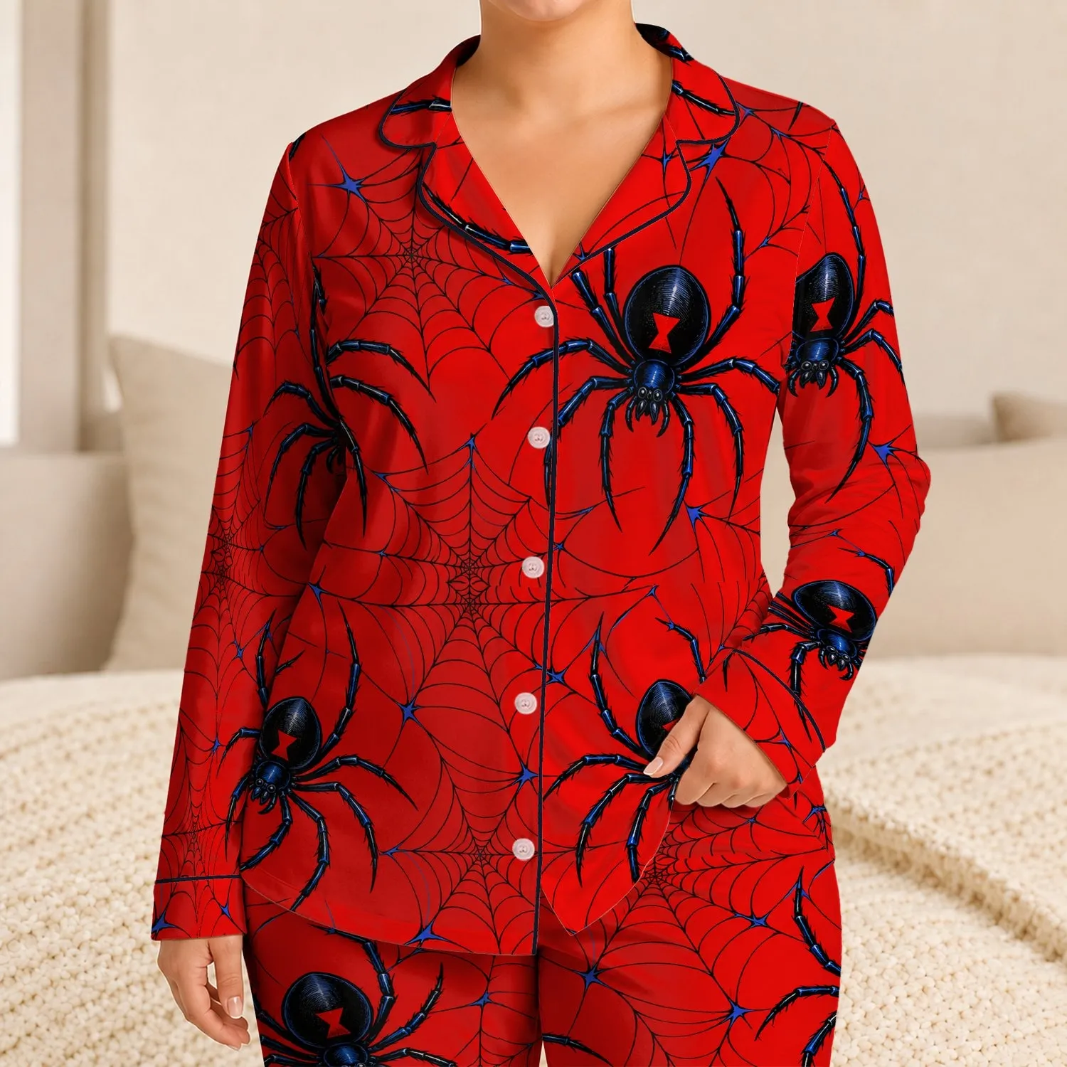 Black Widow Spiders for Cozy Nights and Spooky Season Gifts Satin Pajamas Set - 1