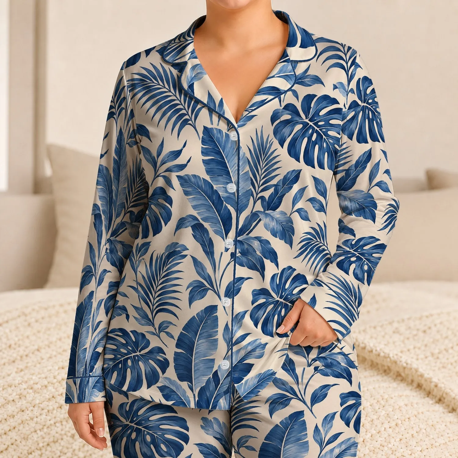 Blue Tropical Palm Leaves for Relaxed Weekend Lounging and Peaceful Coastal Getaways Satin Pajamas Set - 1