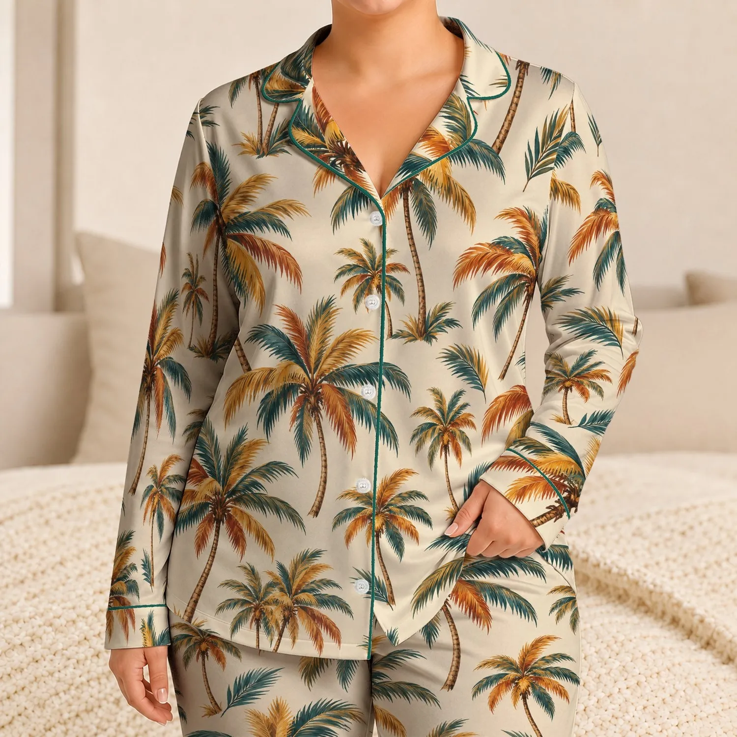 Golden Palm Fronds for Breezy Summer Lounging and Relaxed Tropical Getaways for Her Satin Pajamas Set - 1