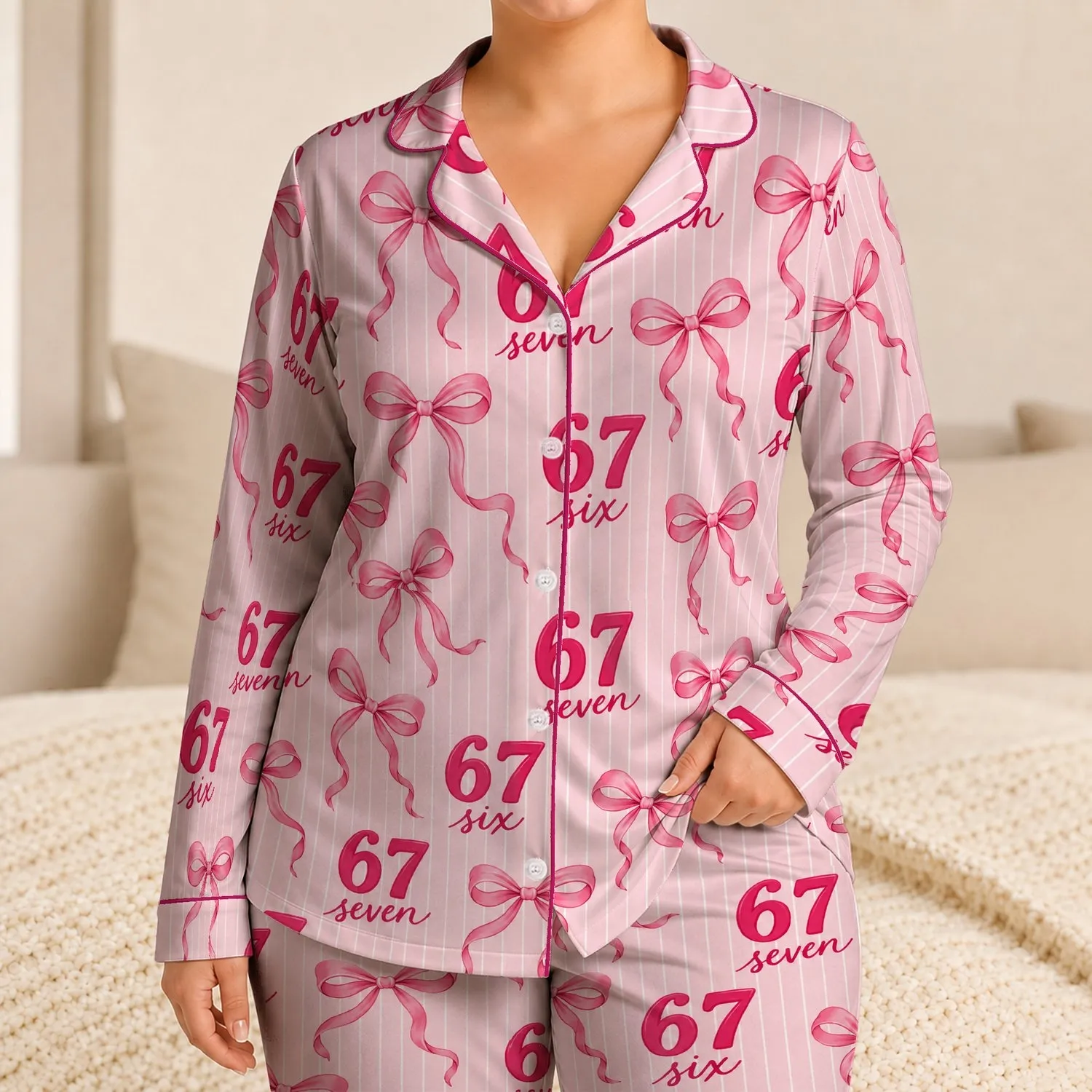 Fuchsia 67 Script Bow And Pink Stripes For Cozy Nights And Sweet Gift Giving Satin Pajamas Set - 1