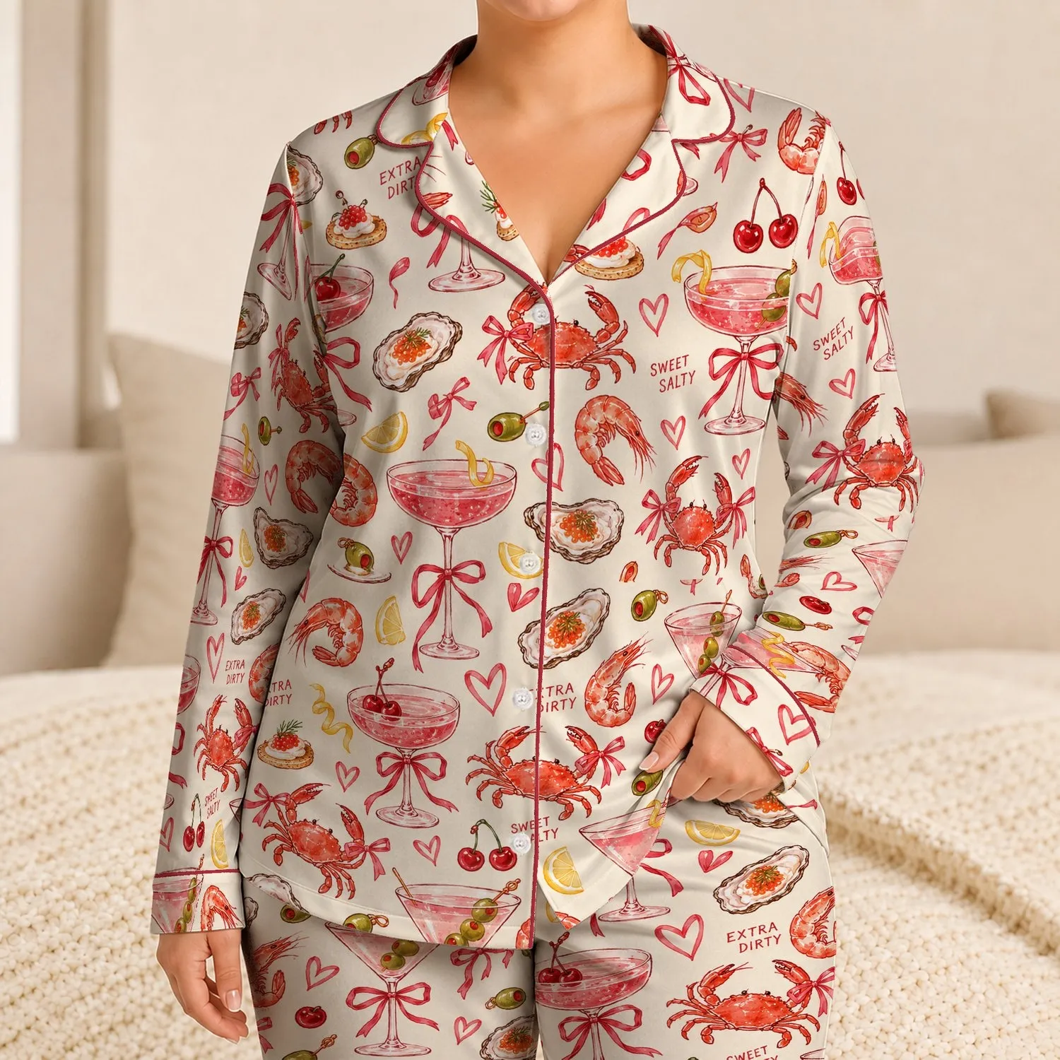 Red Cocktail Hearts and Martini Motifs for Cozy Girls’ Night In Gift Giving Satin Pajamas Set - 1