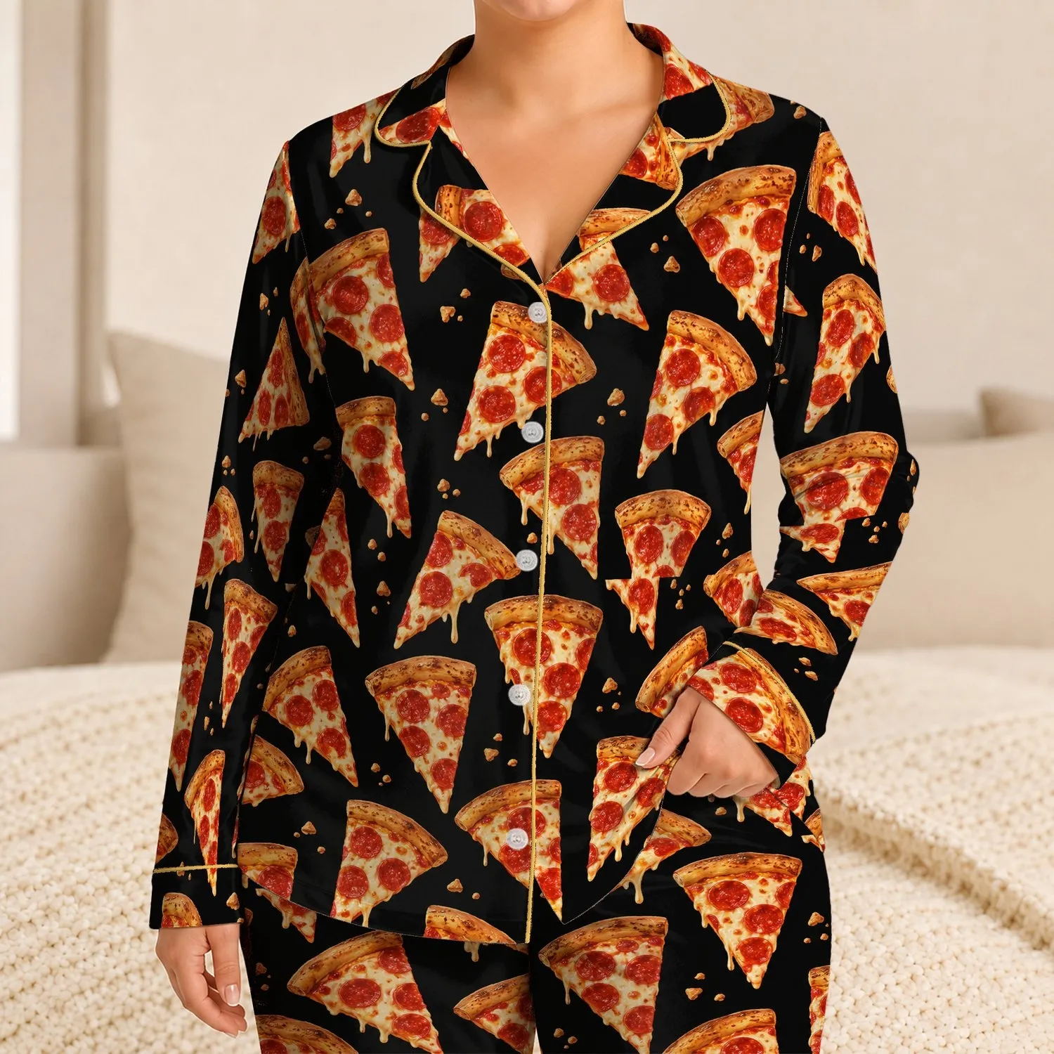 Pepperoni Pizza Slices for Cozy Movie Nights and Relaxed Weekend Lounging at Home Satin Pajamas Set - 1