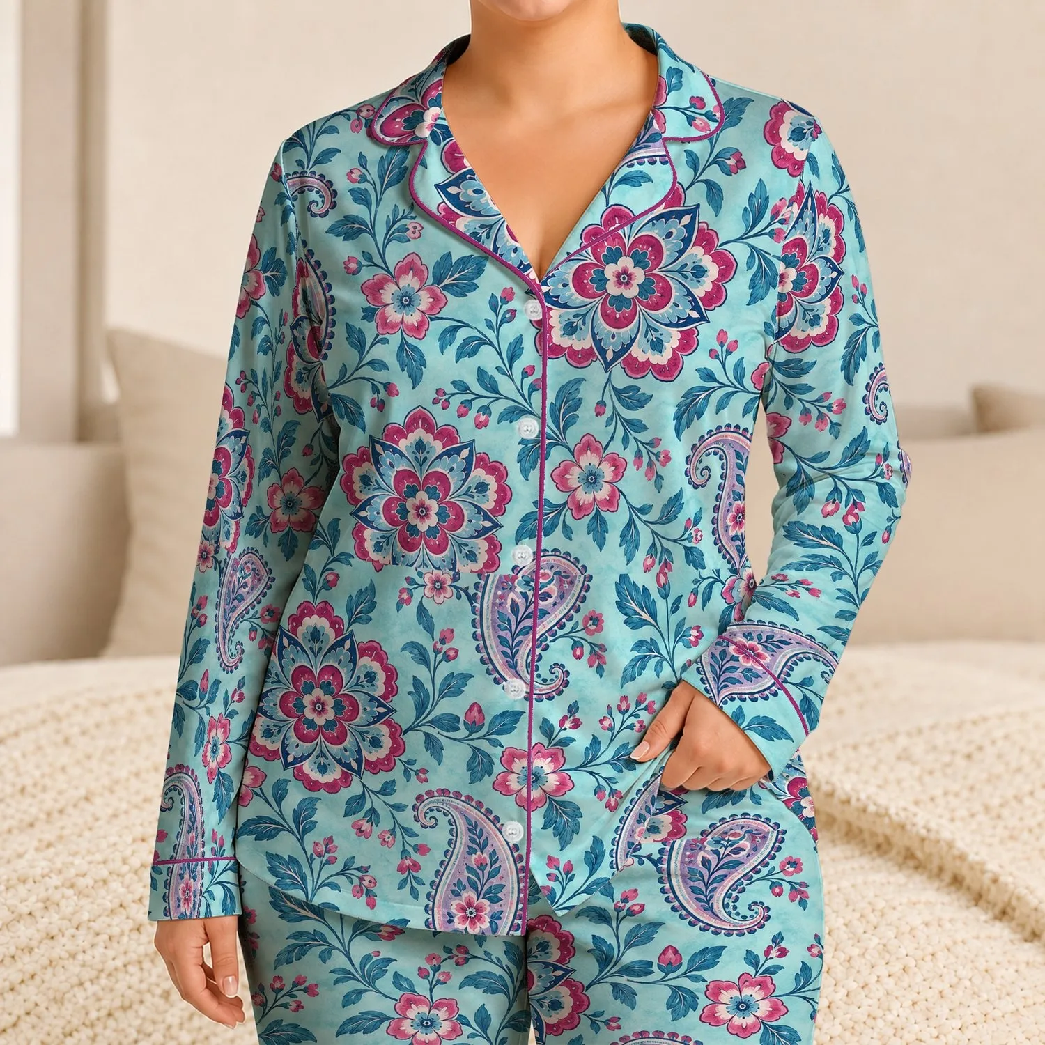 Vintage Aqua and Magenta Mandala Florals for Cozy Nights and Relaxed Evenings at Home Satin Pajamas Set - 1