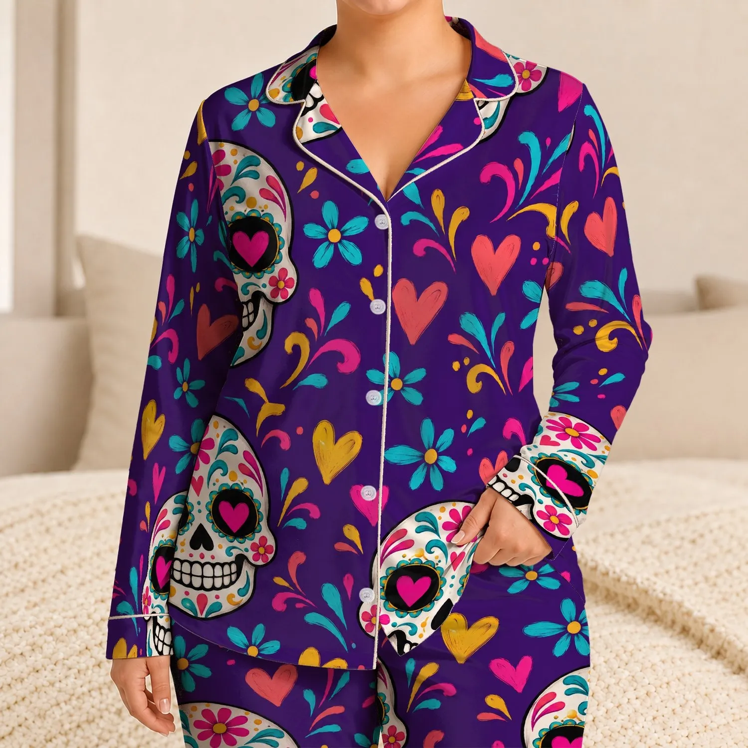 Colorful Heart-Eyed Skull Motifs for Playful Cozy Nights and Relaxed Home Lounging Satin Pajamas Set - 1