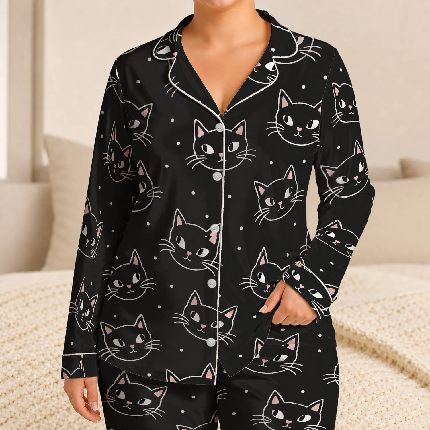 Minimal Sketch Cat Faces for Cozy Evenings and Whimsical Lounging, Gift for Her Satin Pajamas Set - 1