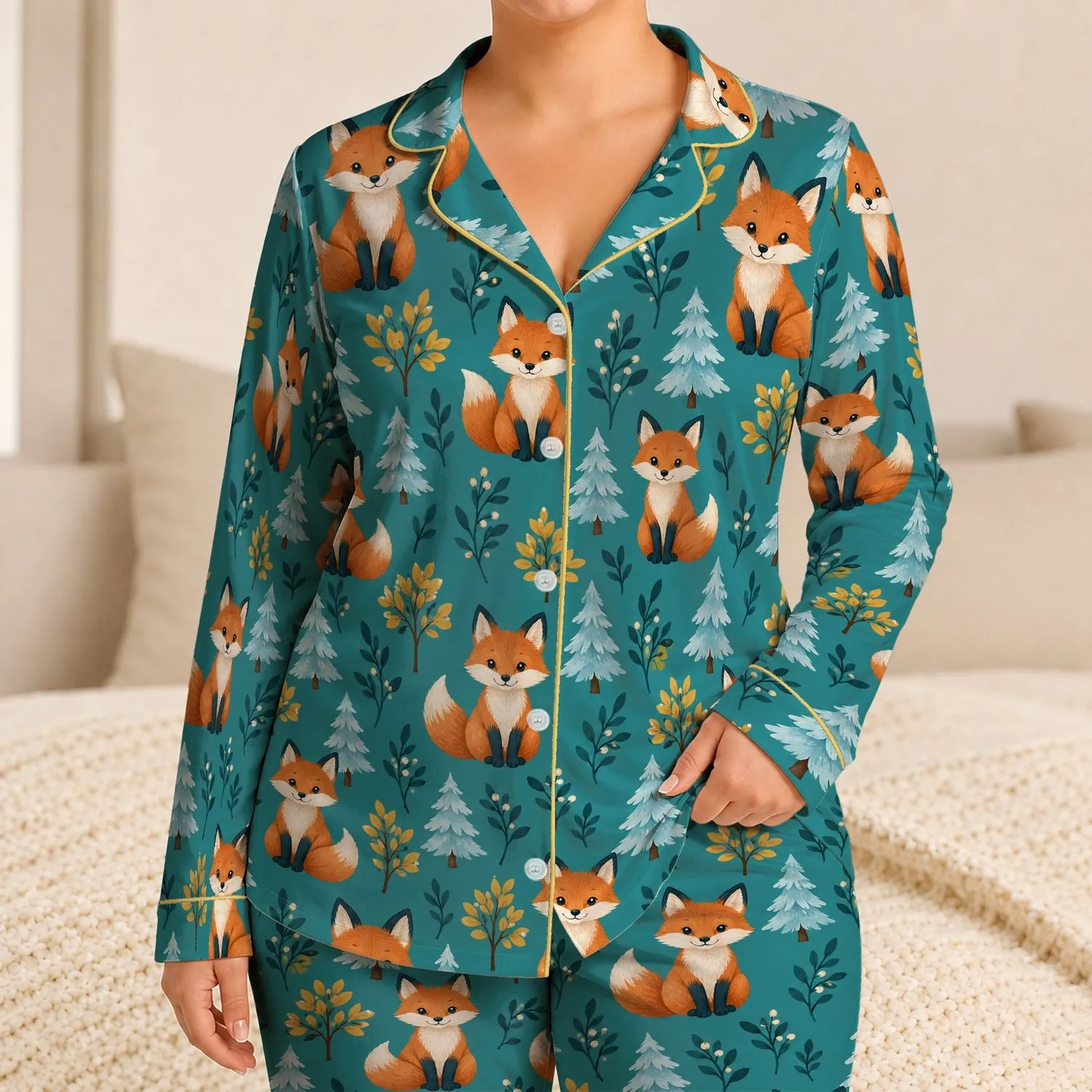 Woodland Foxes And Forest Trees For Cozy Cabin Nights And Nature Lovers Satin Pajamas Set - 1