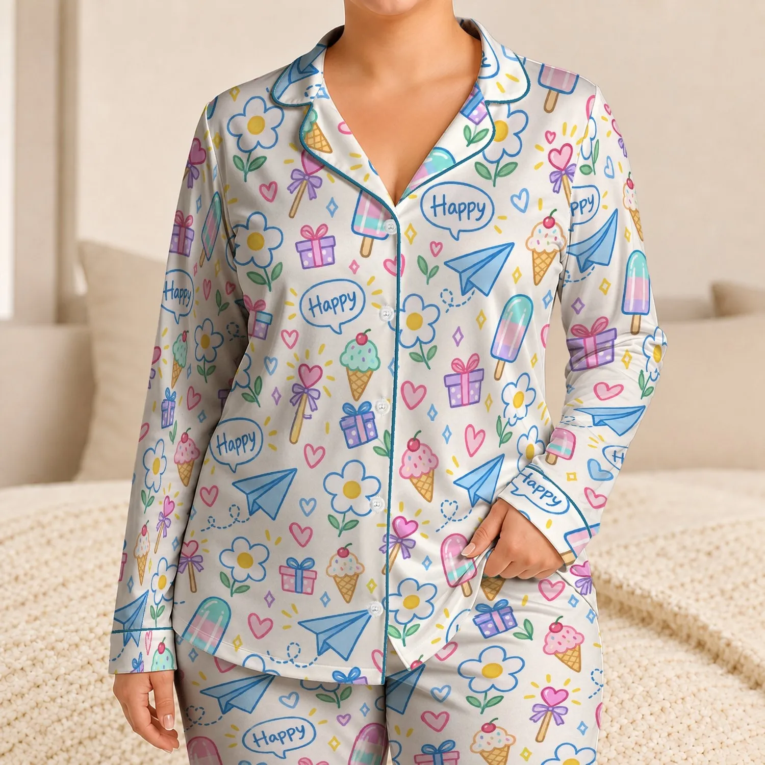 Pastel Paper Airplanes and Sweet Treats for Cheerful Cozy Days at Home Satin Pajamas Set - 1